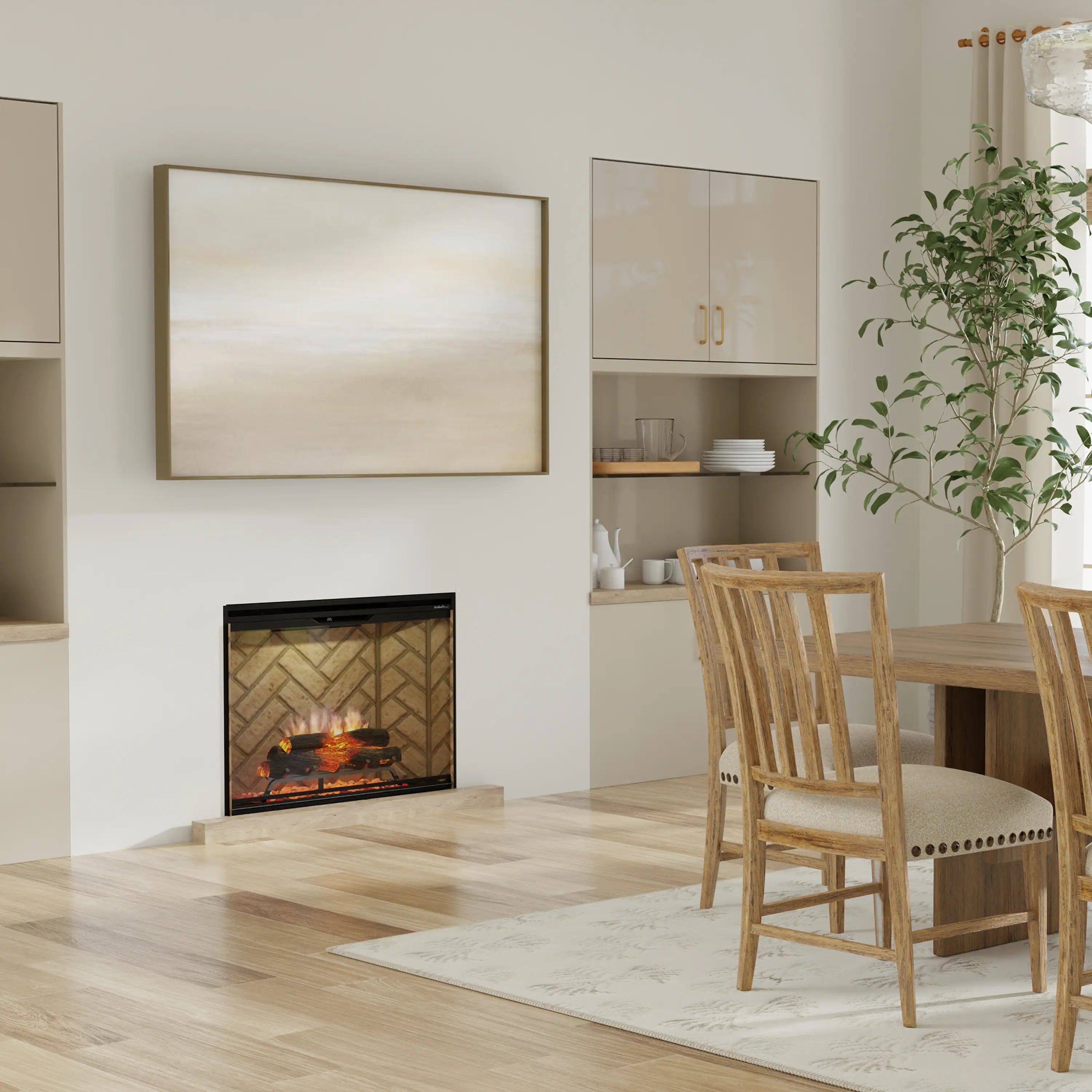 Built-in electric firebox with herringbone back panel and burning logs in living room