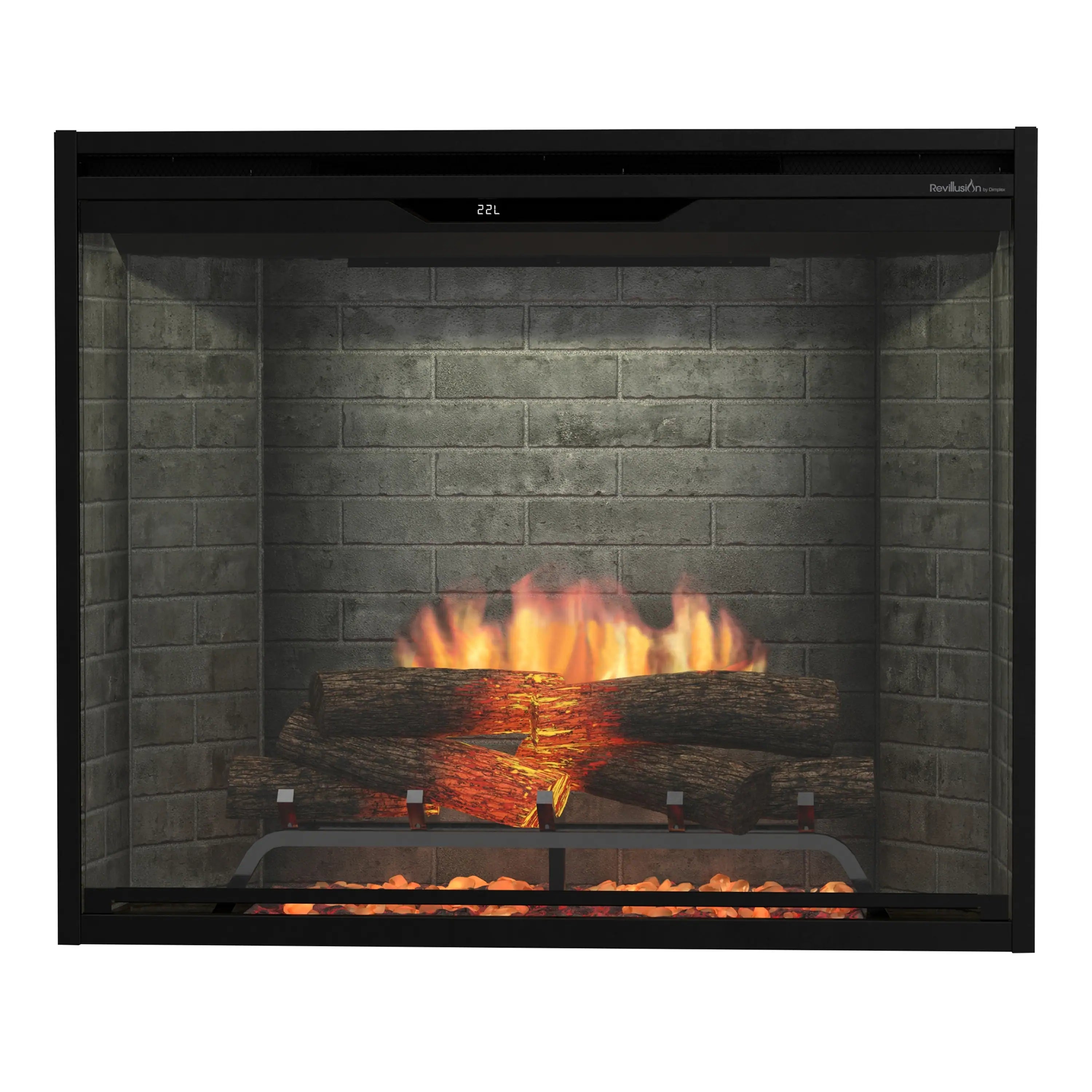 Built-in electric firebox insert showing gray brick interior and LED flame and log detail