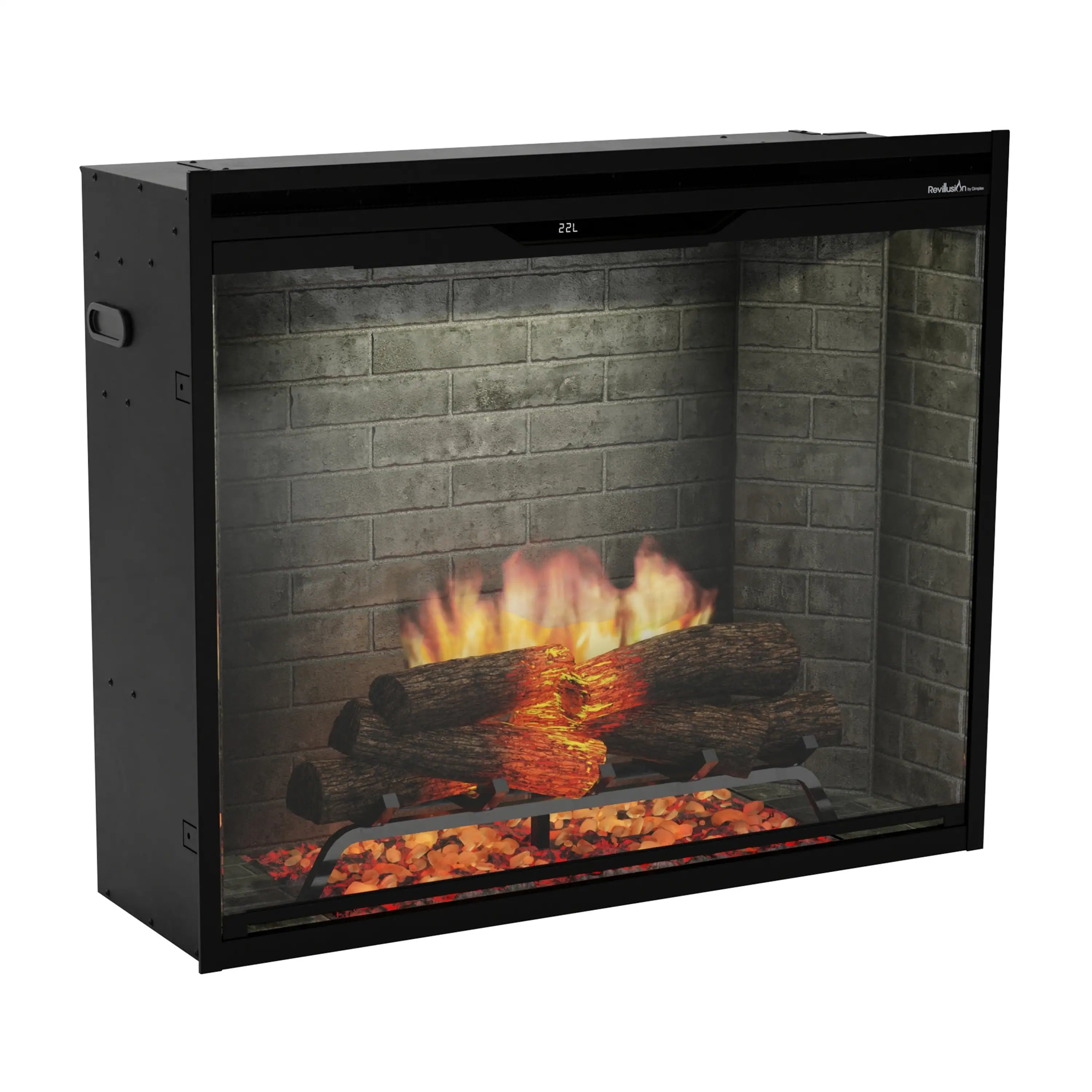 Electric firebox insert with black exterior, glass front, gray brick interior, flames