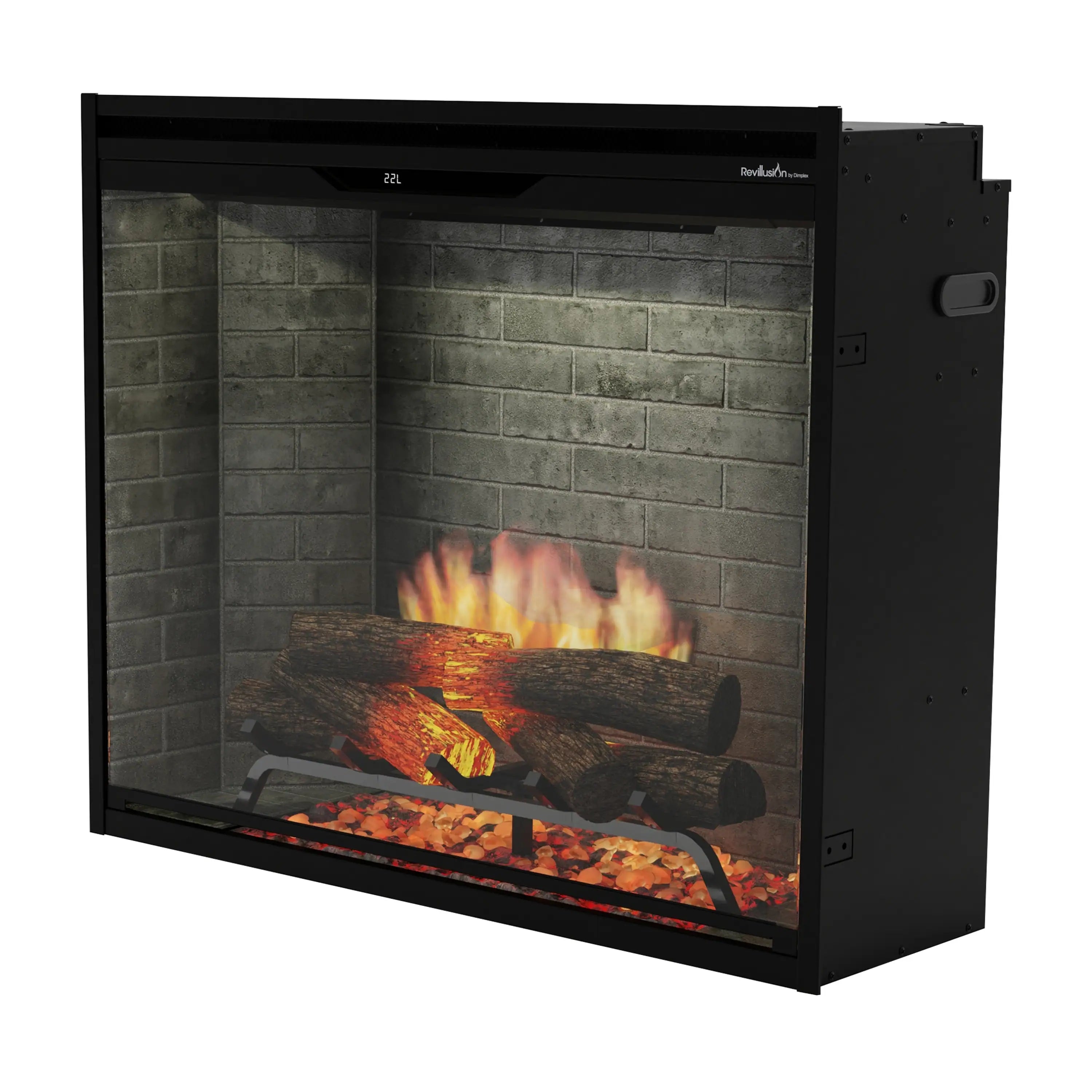 Electric firebox insert with black casing, glass front, gray brick backdrop, LED flames