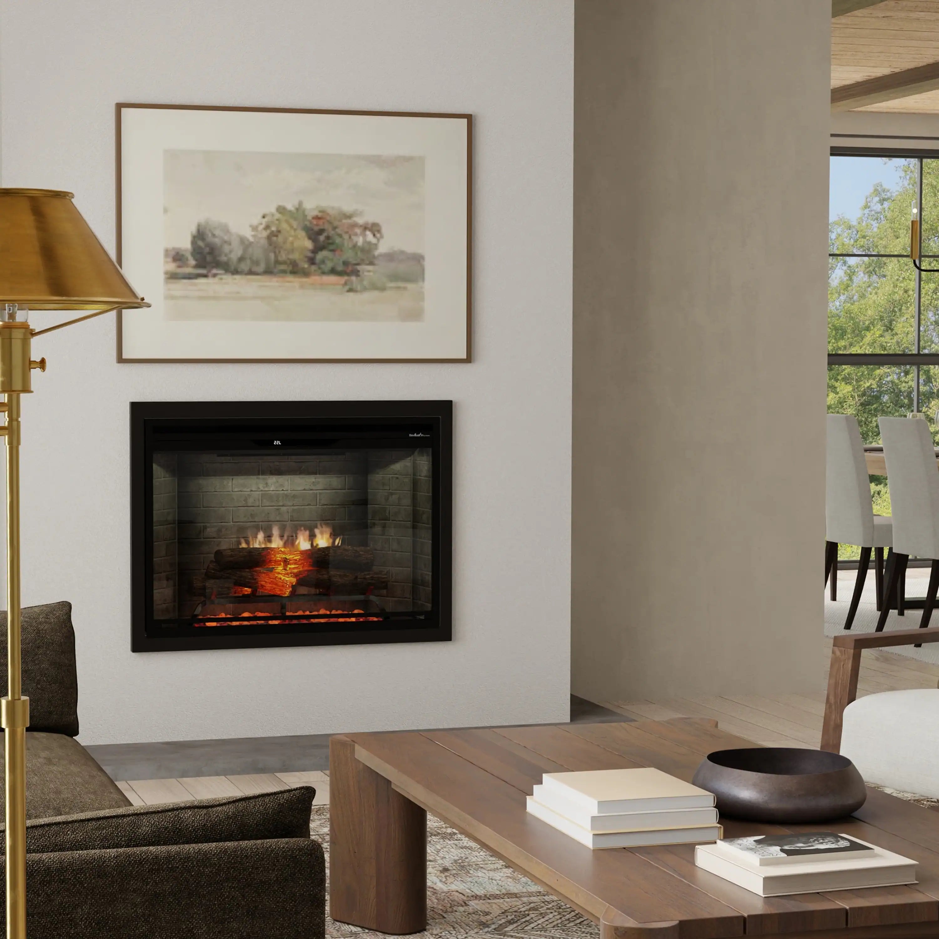 Built-in electric firebox insert in a wall opening, black frame with burning flame view