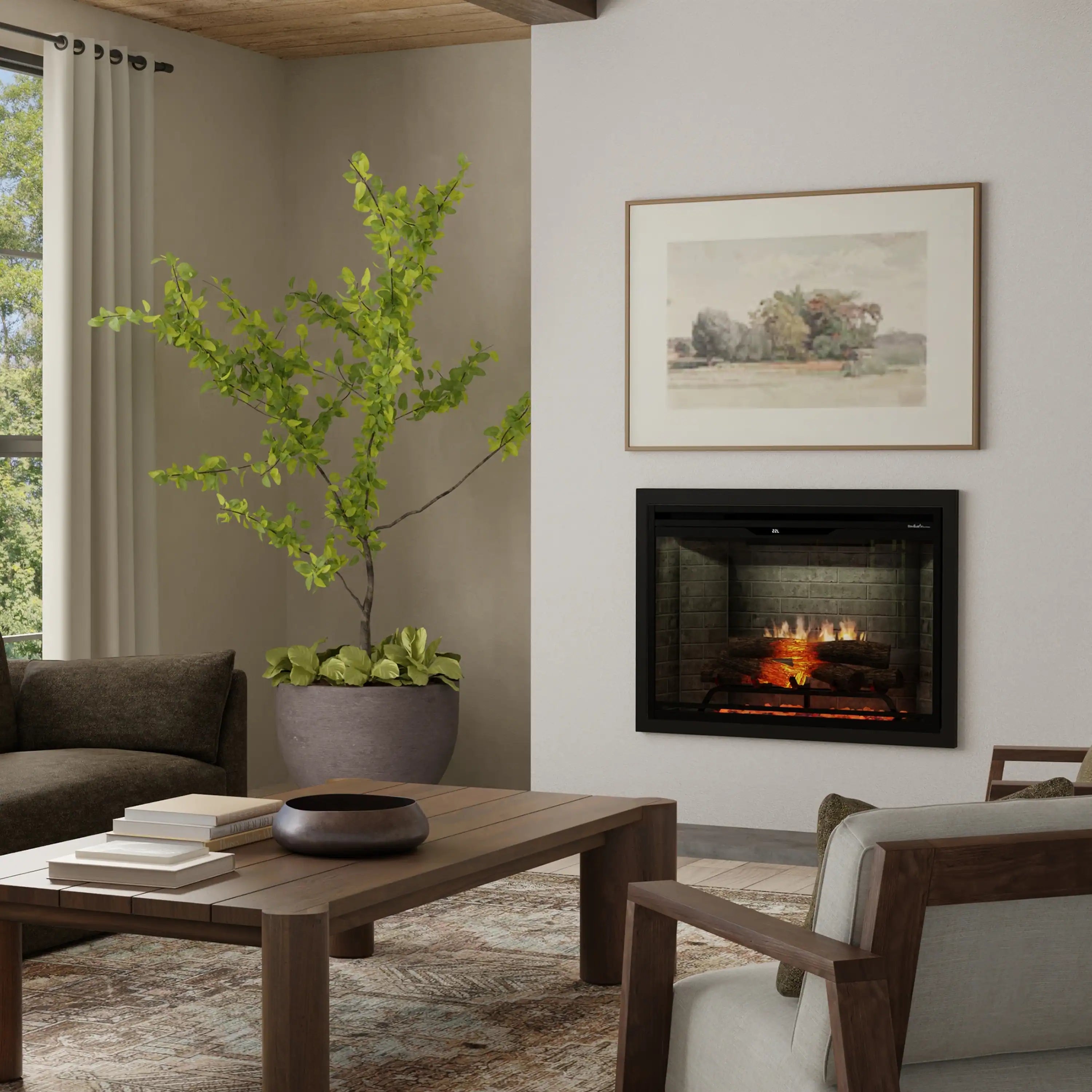 Built-in electric firebox insert with black frame, flames visible inside neutral brick interior