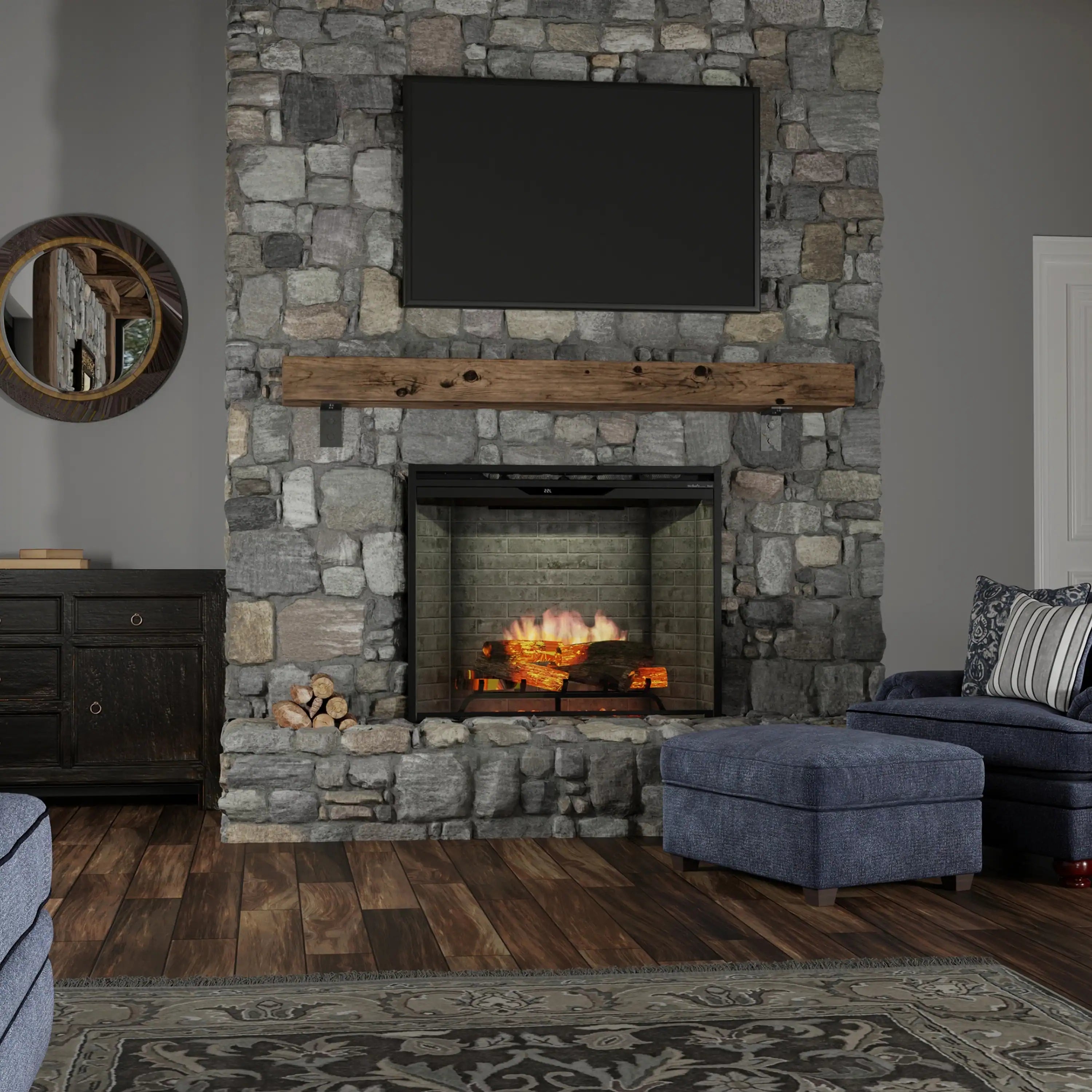 Built-in electric firebox insert with black frame in stone surround, flames over ember bed