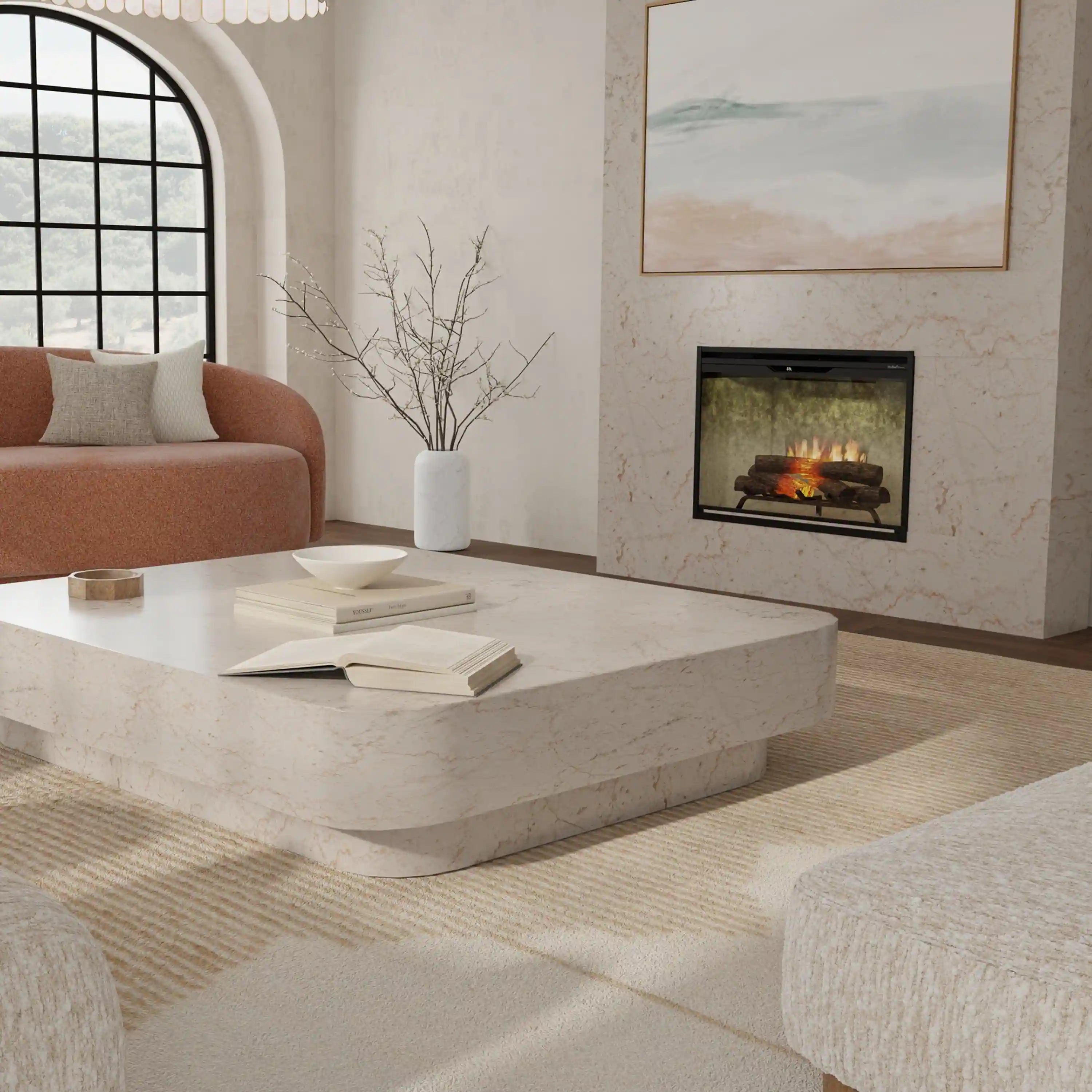Wall-mounted electric fireplace with black frame and visible flame effect opening