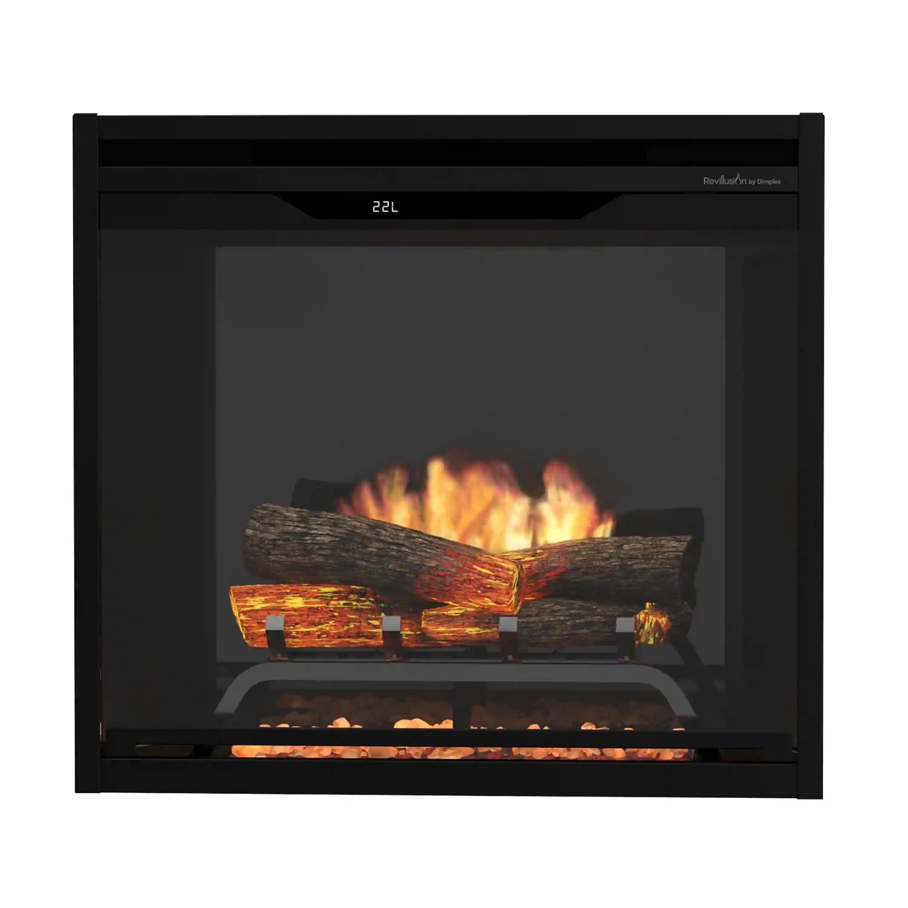 Black built-in electric firebox with LED log flames and ember bed behind glass