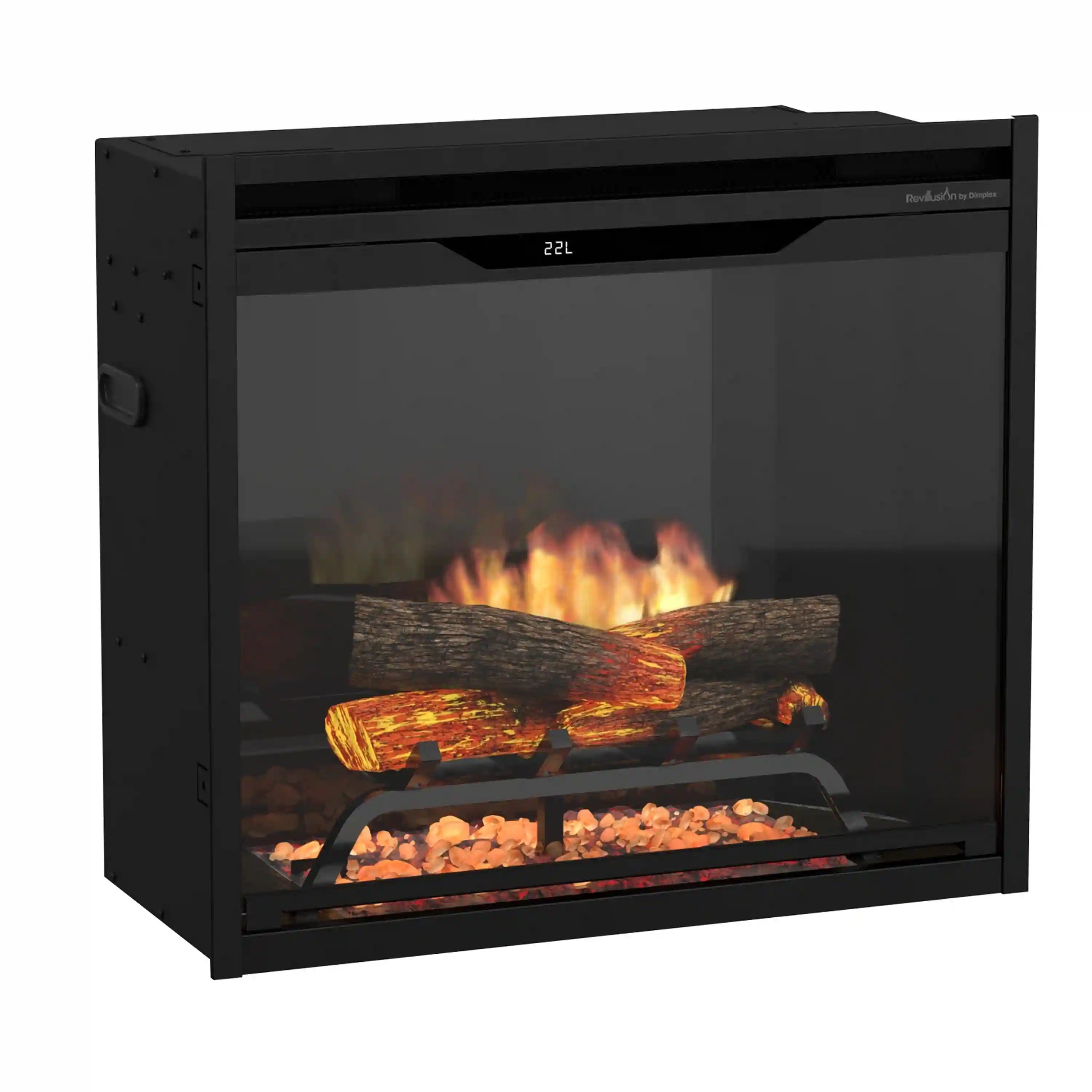 Black 24-inch built-in electric firebox with LED flame effect and log-style fire bed