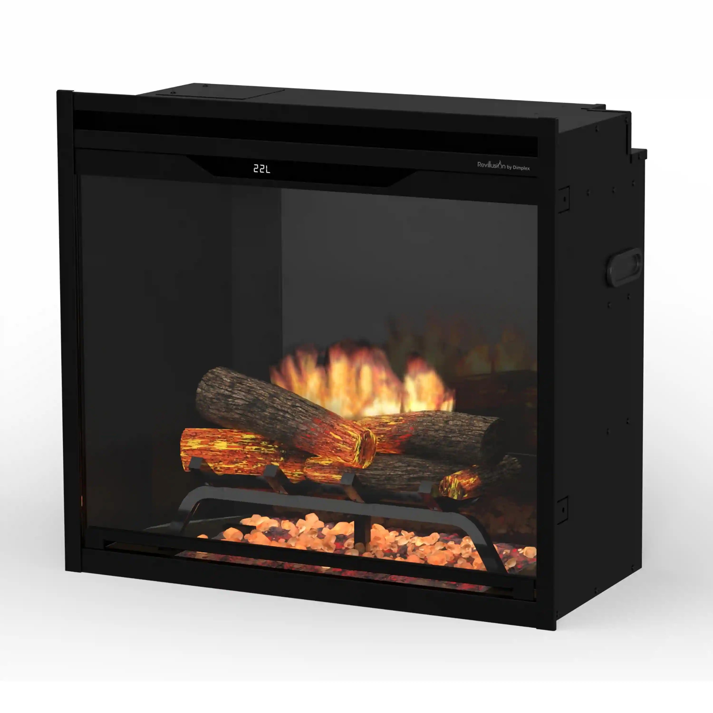 Black built-in electric firebox with LED log flames behind the glass front