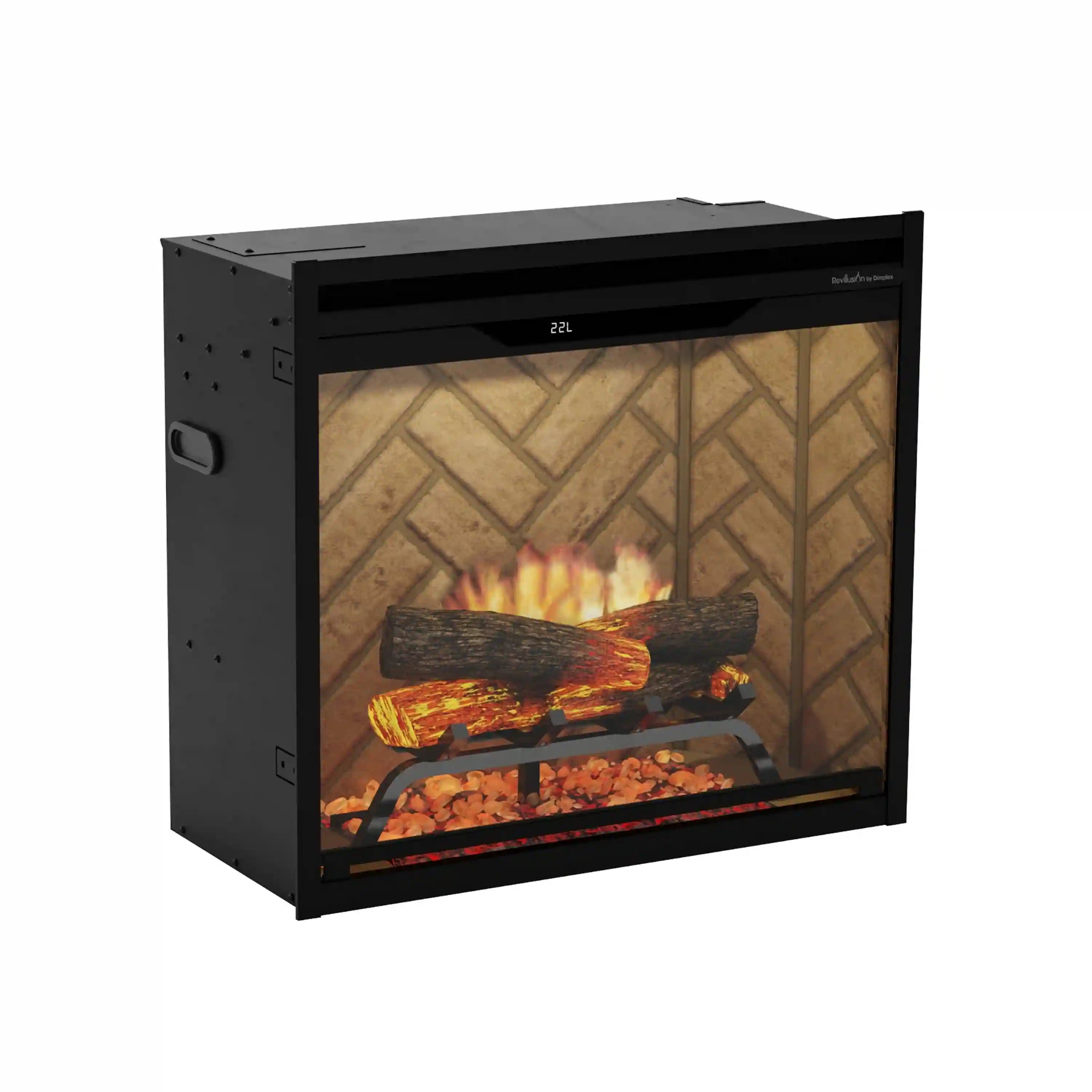 Black built-in electric firebox housing with flame effect and herringbone-style back panel