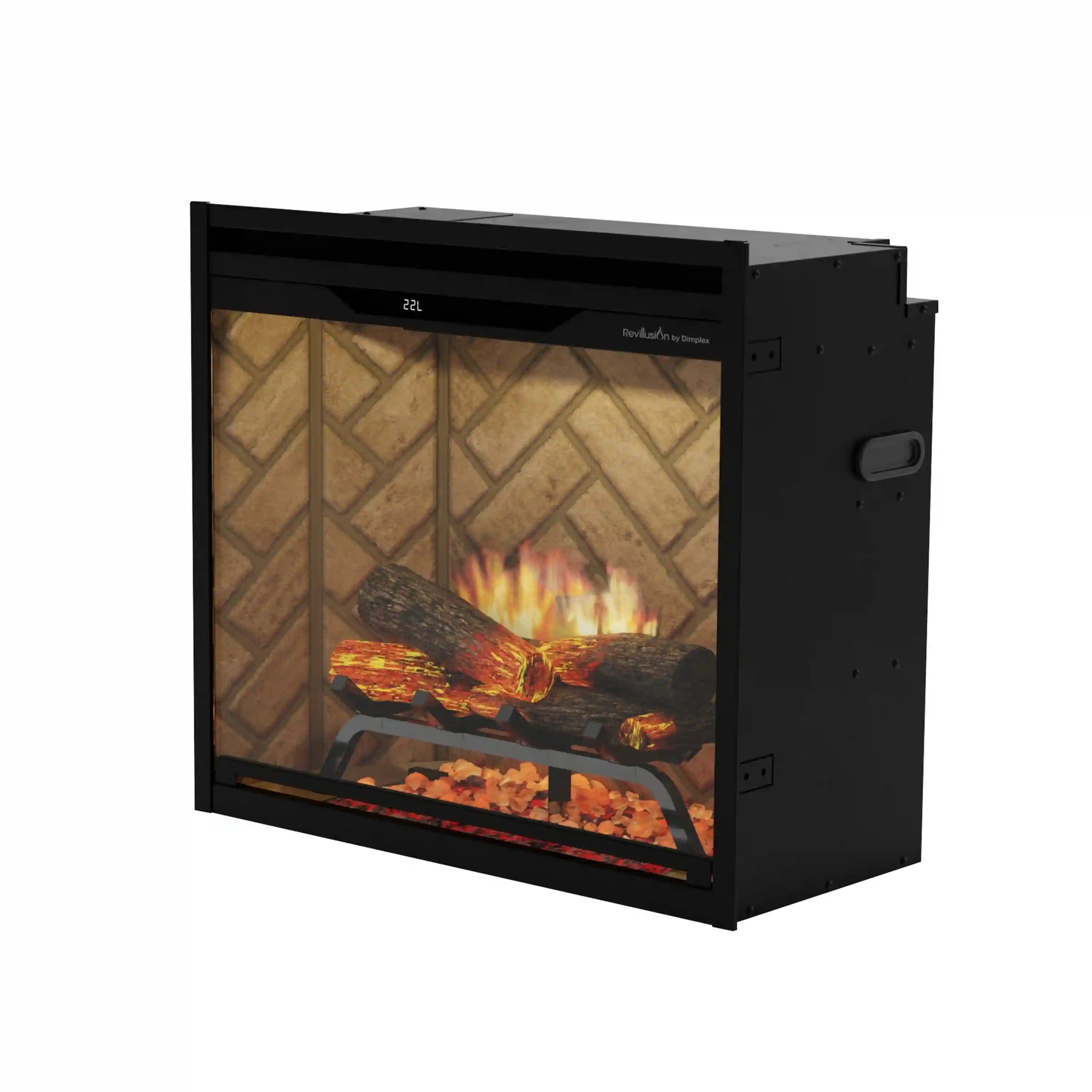 Black electric firebox insert with flame glow behind glass and ember base