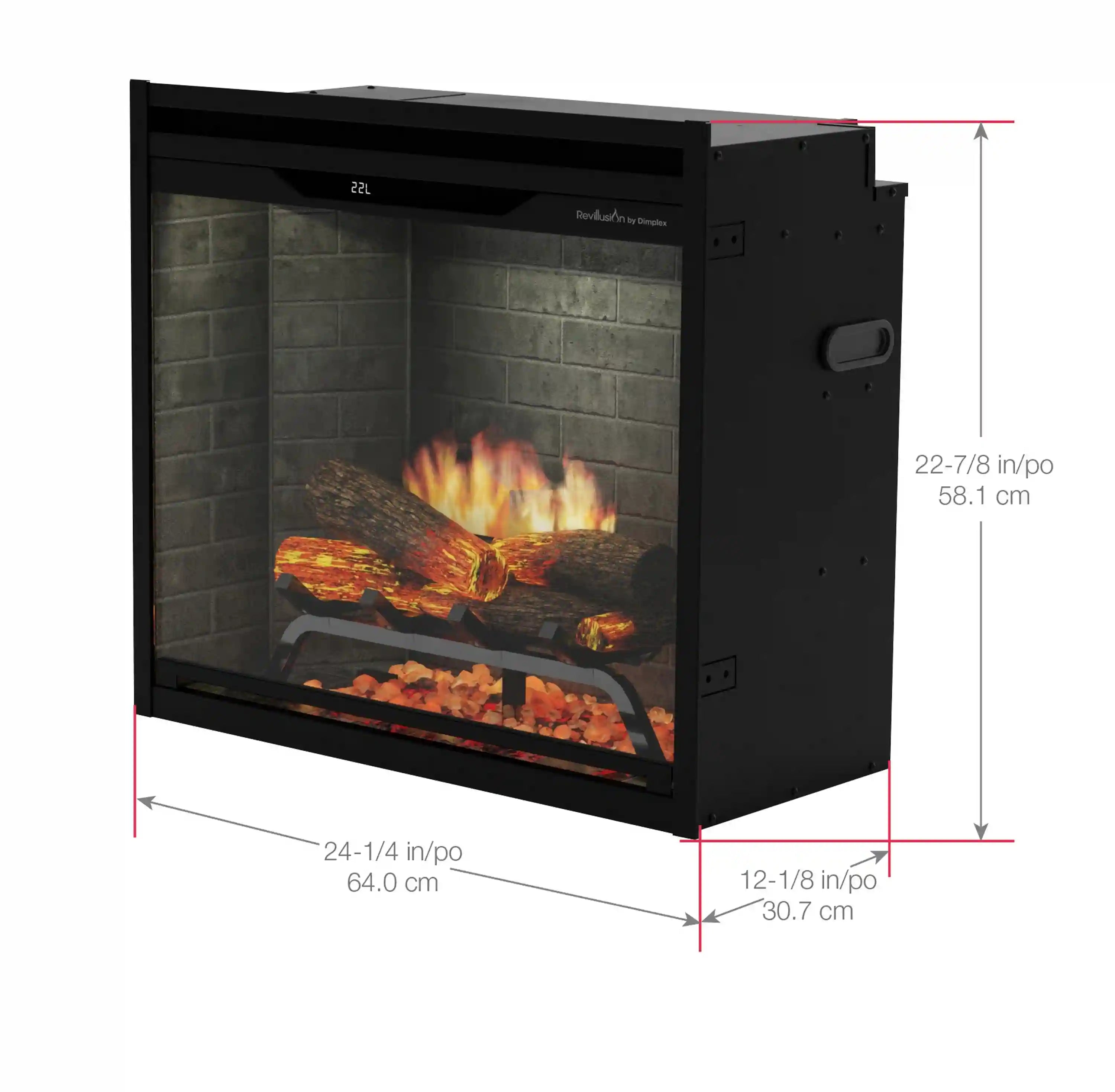 Electric firebox window showing LED flames over logs and glowing embers