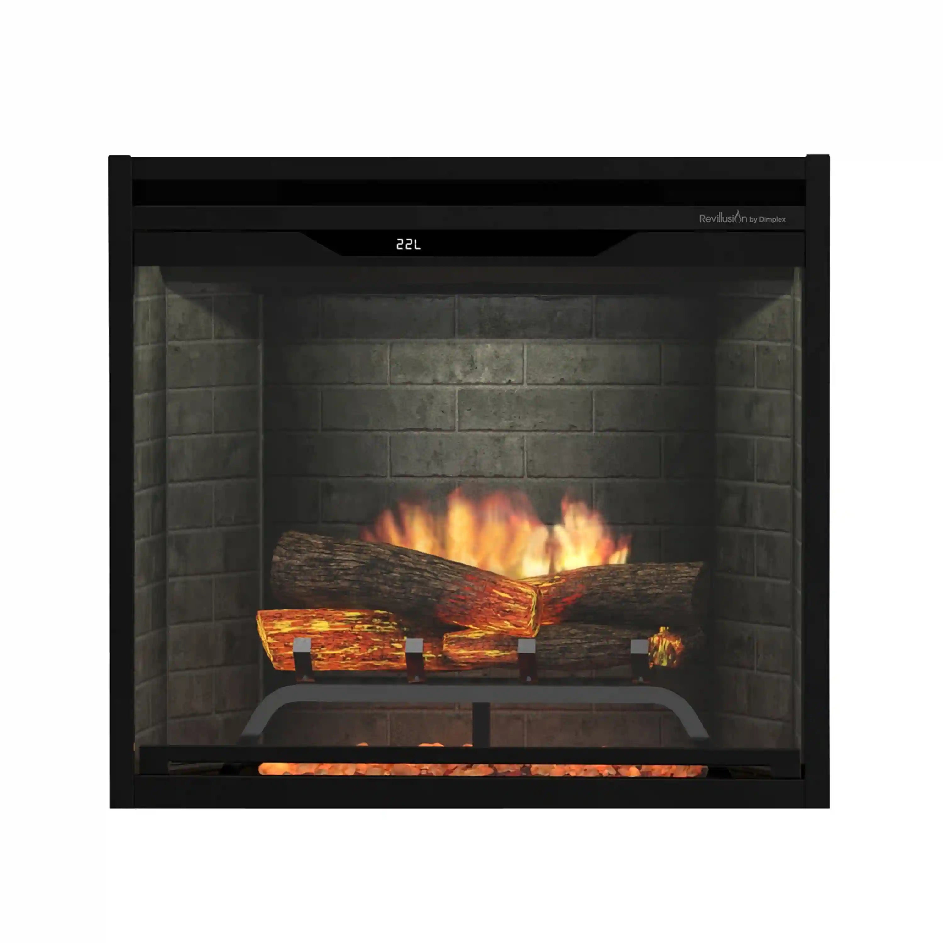 Electric firebox with brick interior, LED flame and log display behind glass
