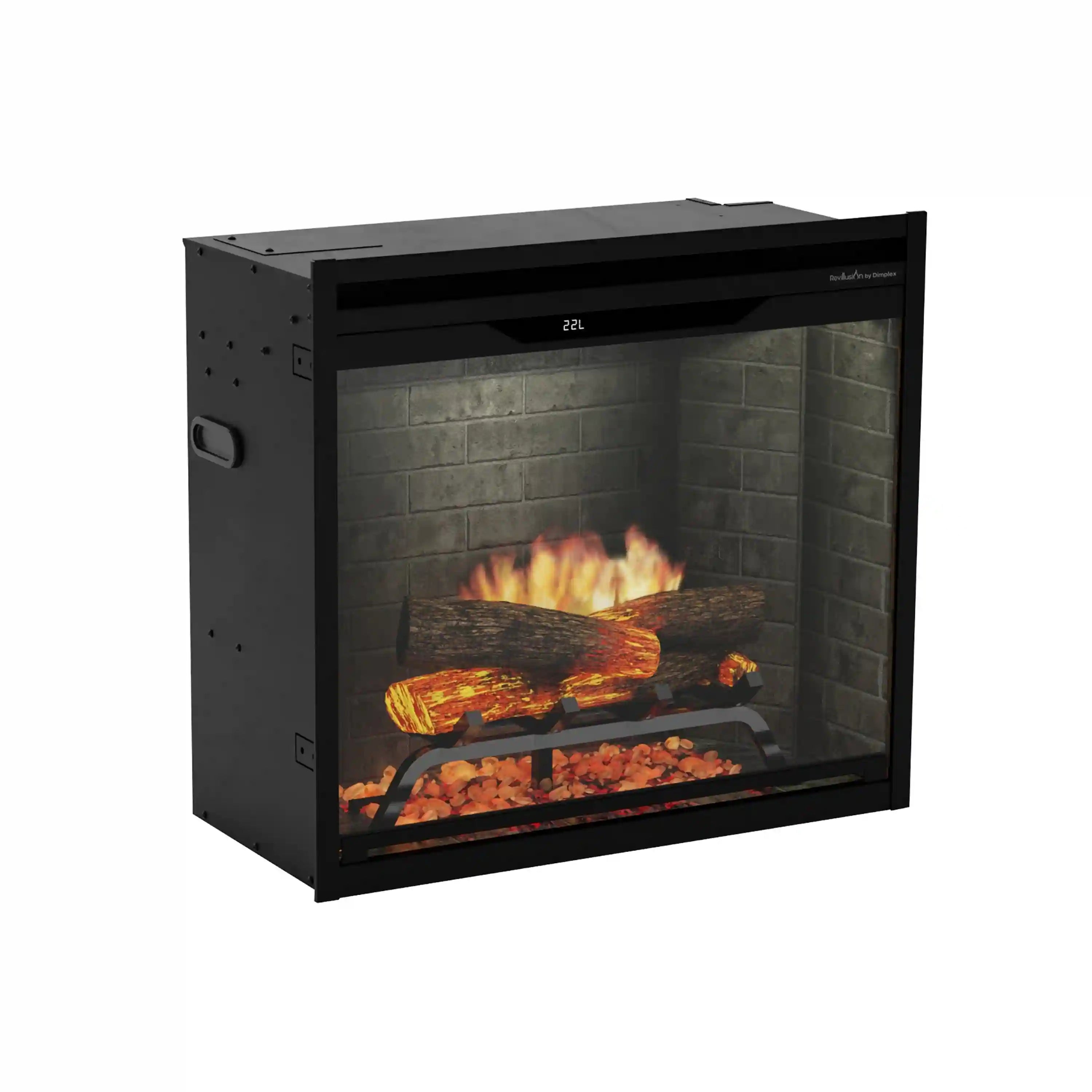 Built-in electric firebox with black frame and brick interior flame effect