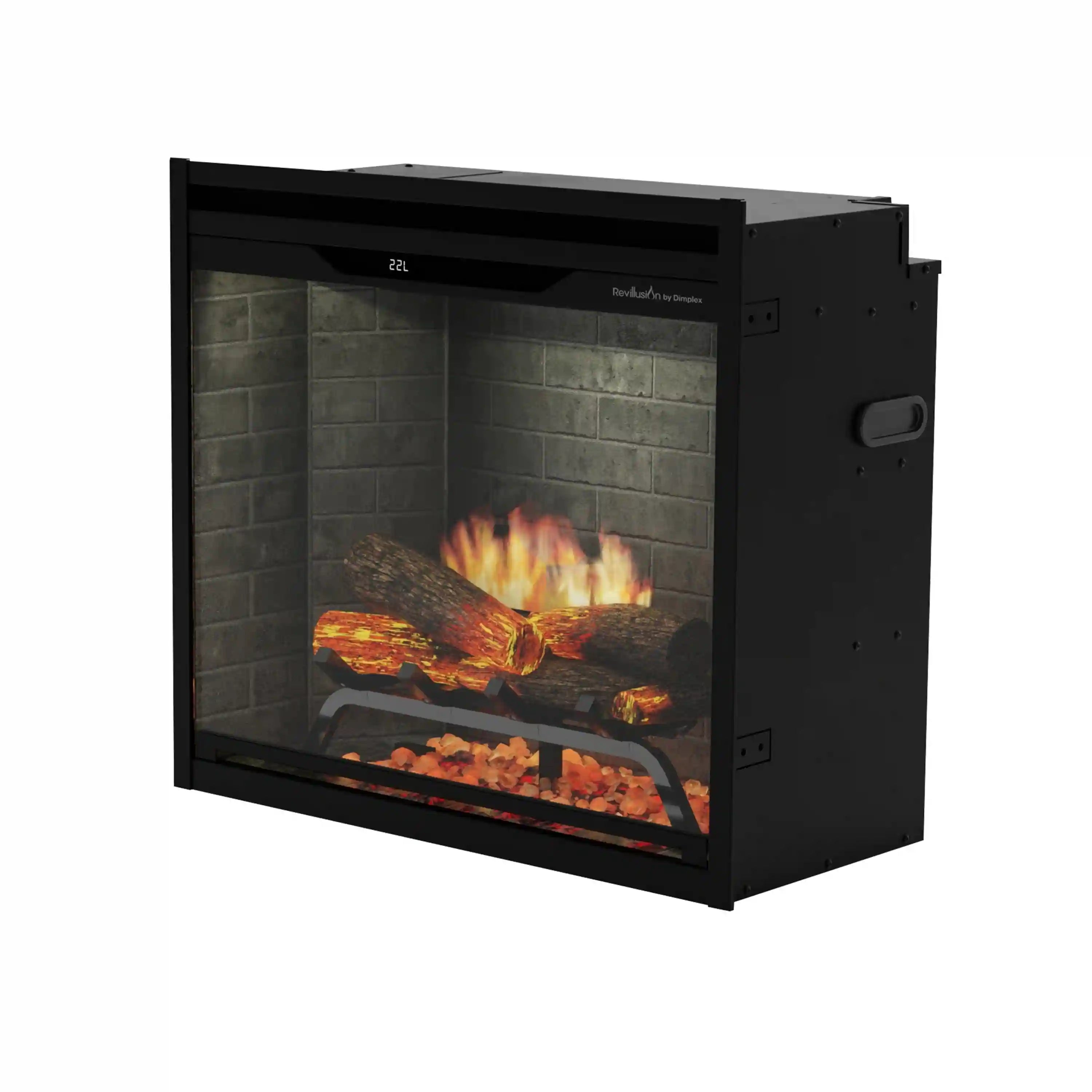 Electric firebox with brick back panel and LED flames over logs and embers
