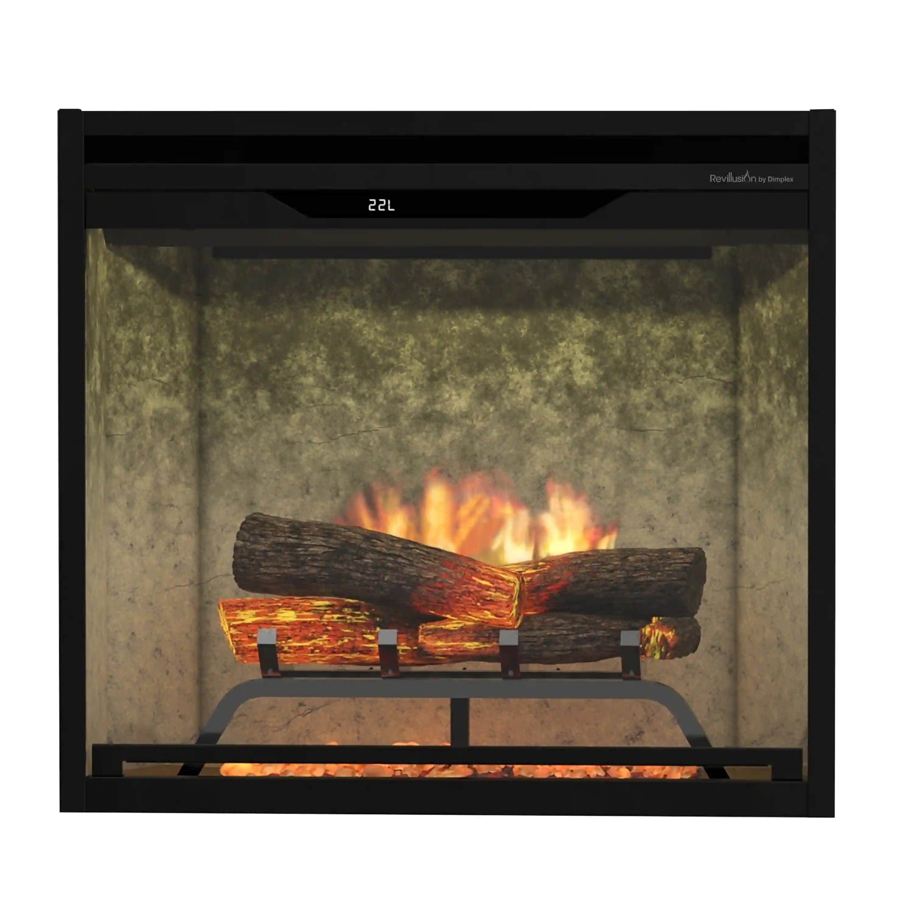 Built-in electric firebox front view showing faux logs and orange flames behind glass