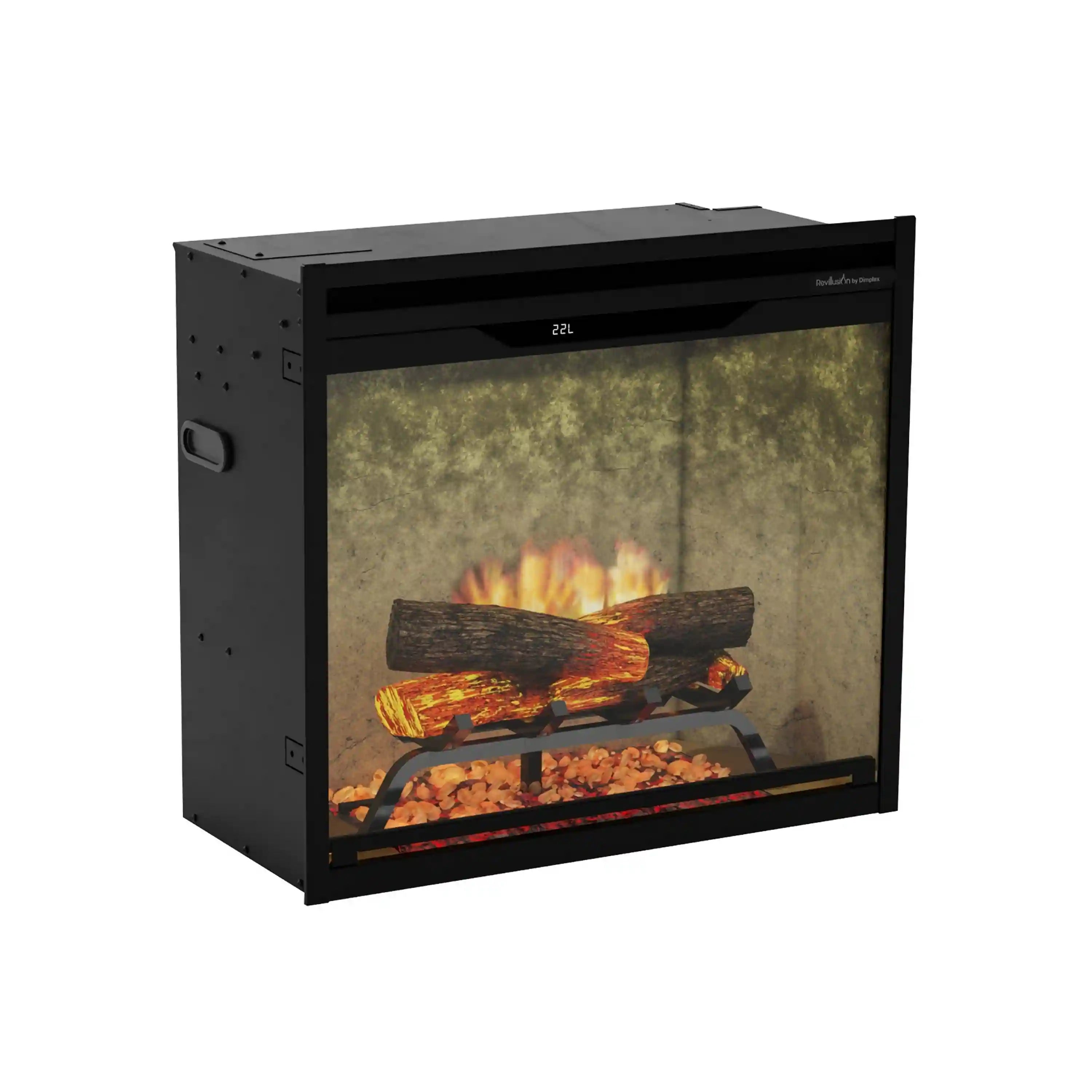Black built-in electric firebox with glass viewing window, faux logs and embers
