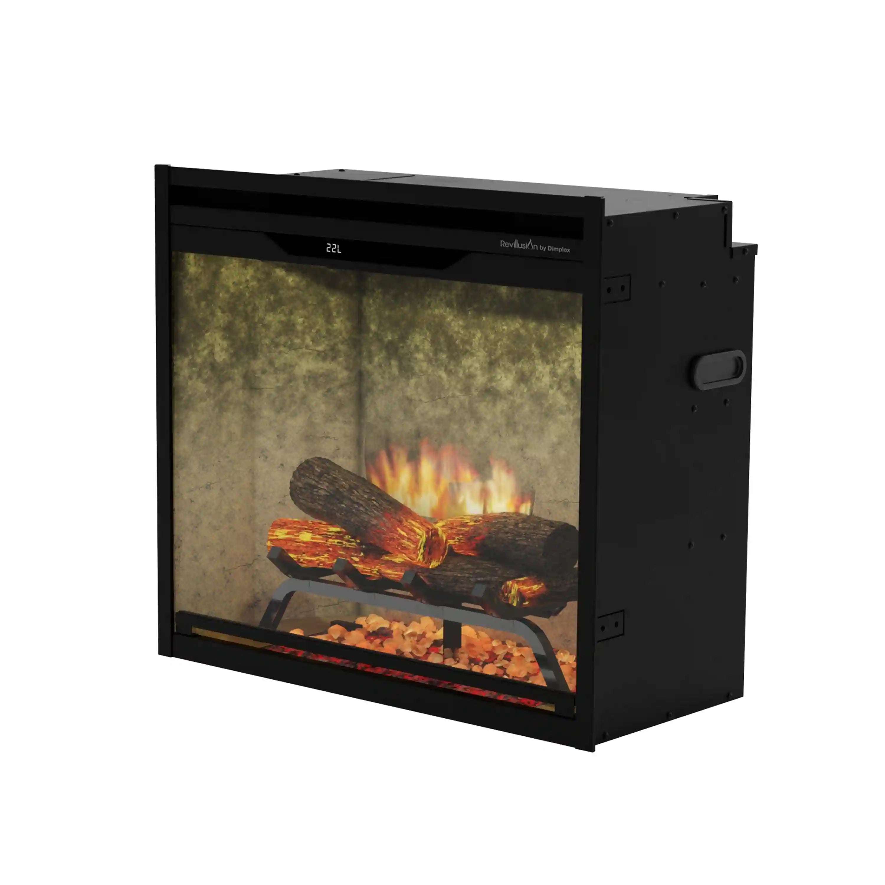 Built-in electric firebox with black frame and viewing window, faux logs and flames