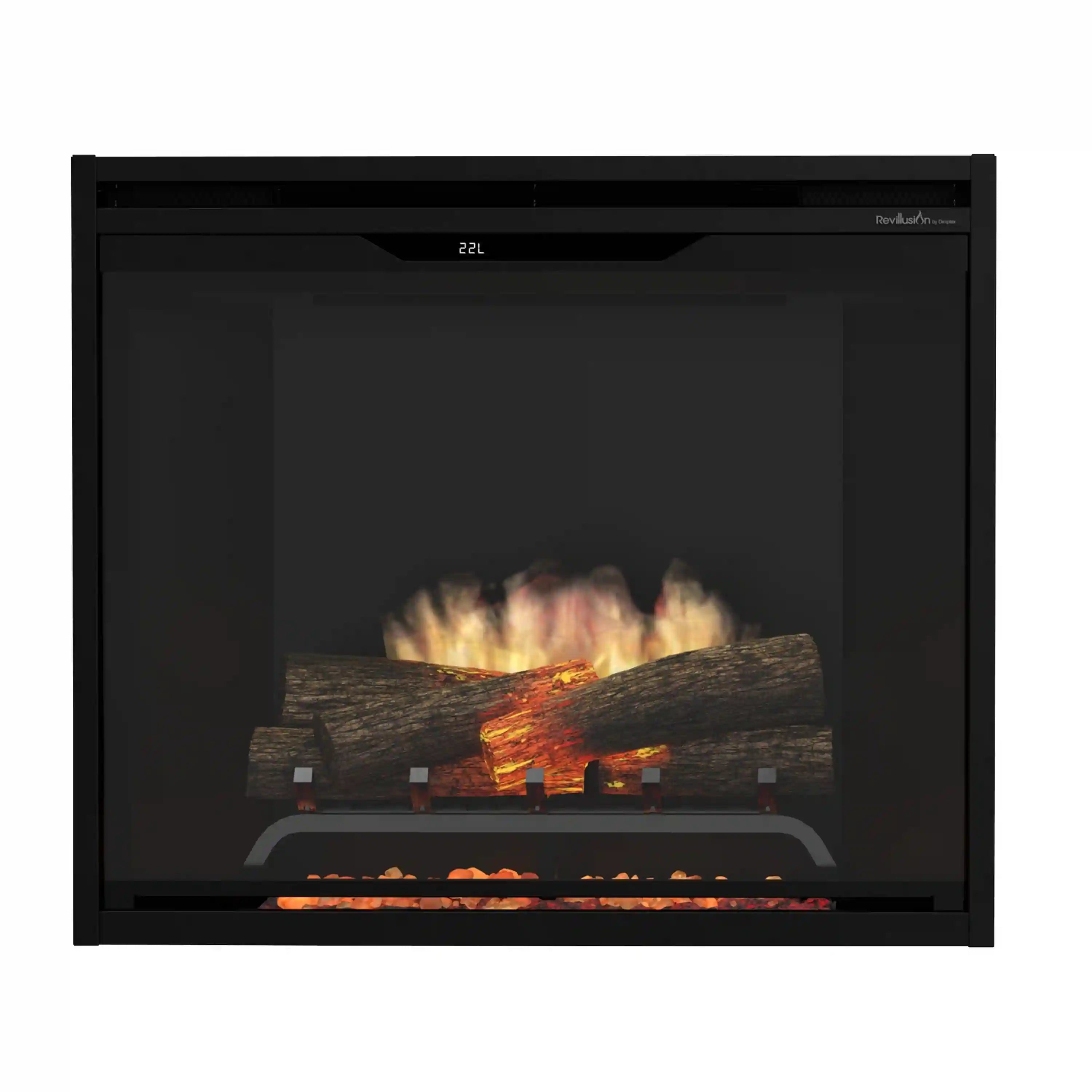 Dimplex Revillusion built-in black firebox with glass front and glowing log flames