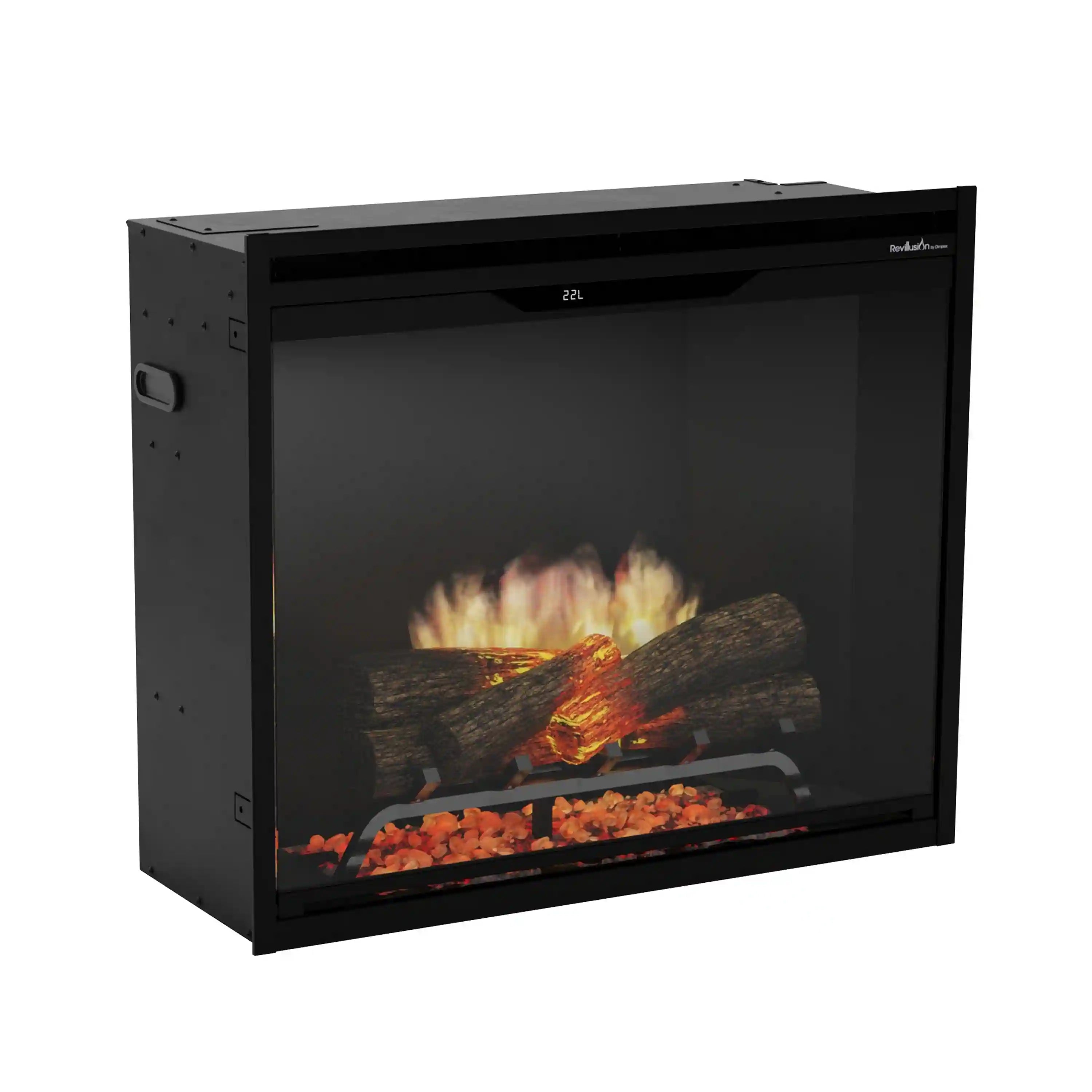 Dimplex Revillusion built-in black firebox with side view and burning log effect