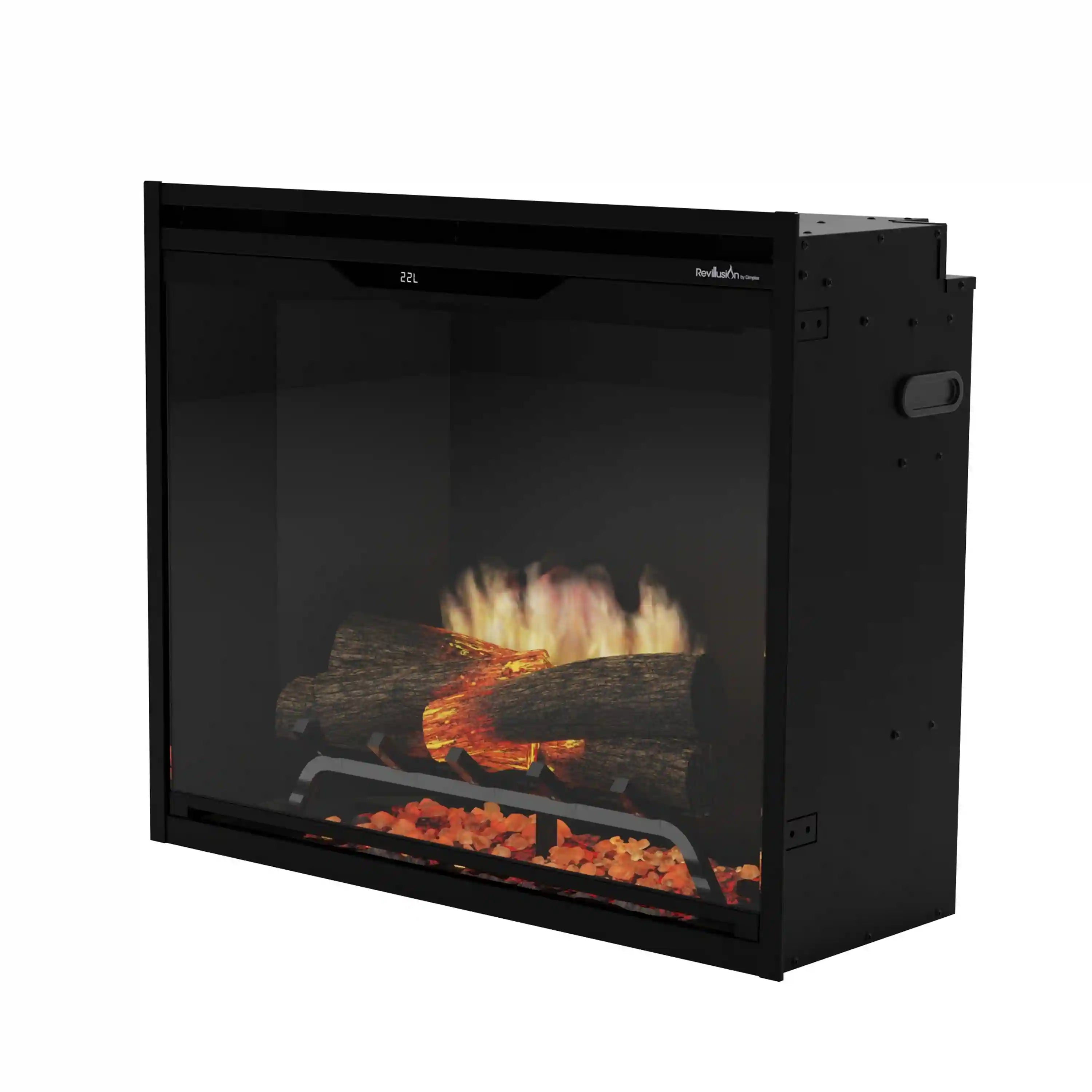 Dimplex Revillusion built-in black firebox with glass front and embers glowing