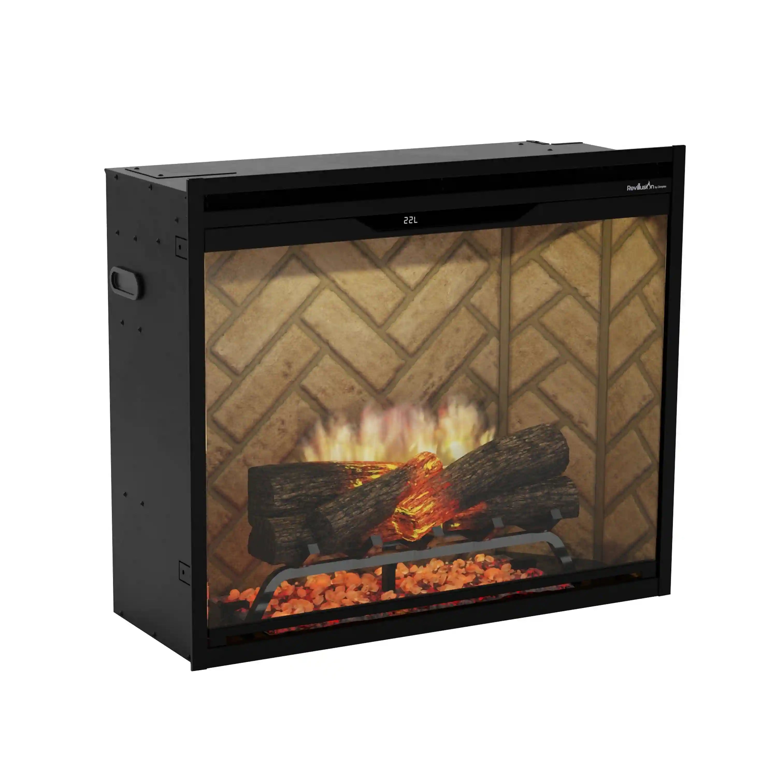 Built-in electric firebox with glass front and herringbone interior, flame and ember glow