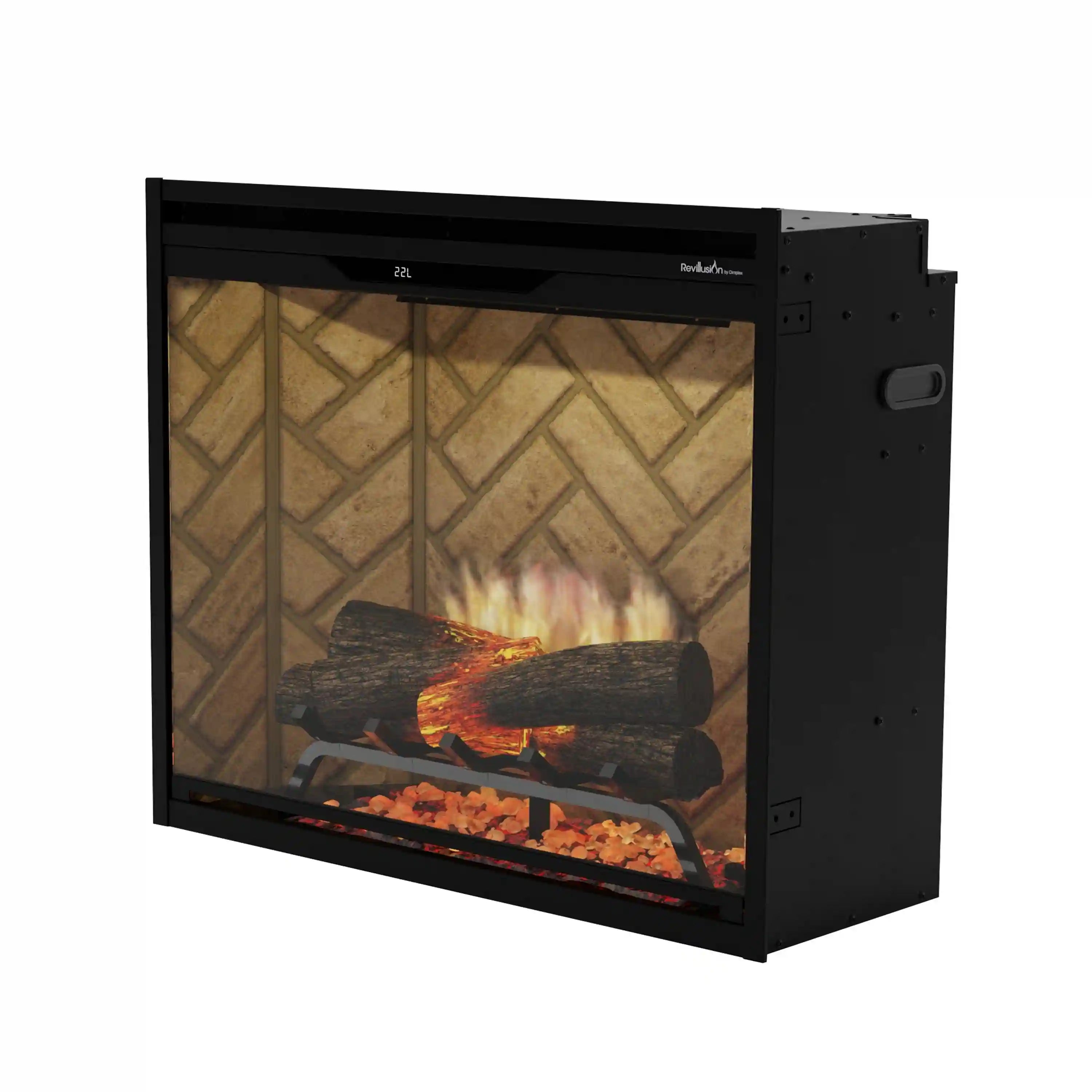 Built-in electric firebox with glass front, herringbone back panel, glowing logs and embers