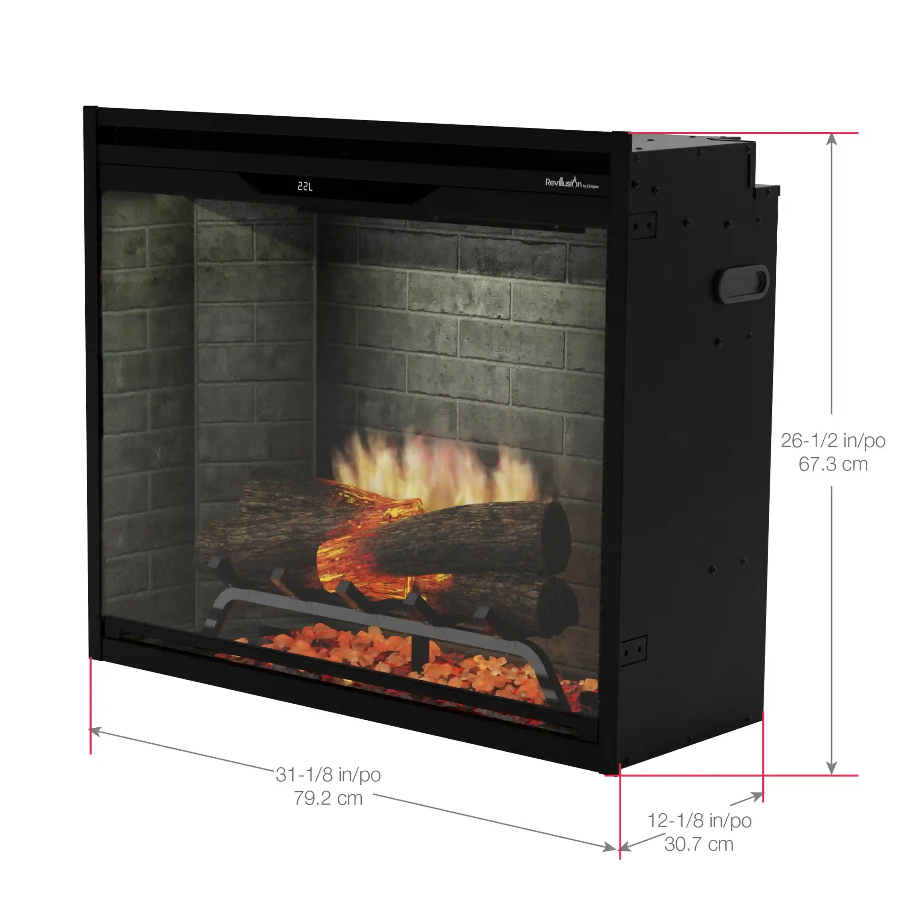 Dimplex Revillusion built-in black firebox with glass front showing flames and embers