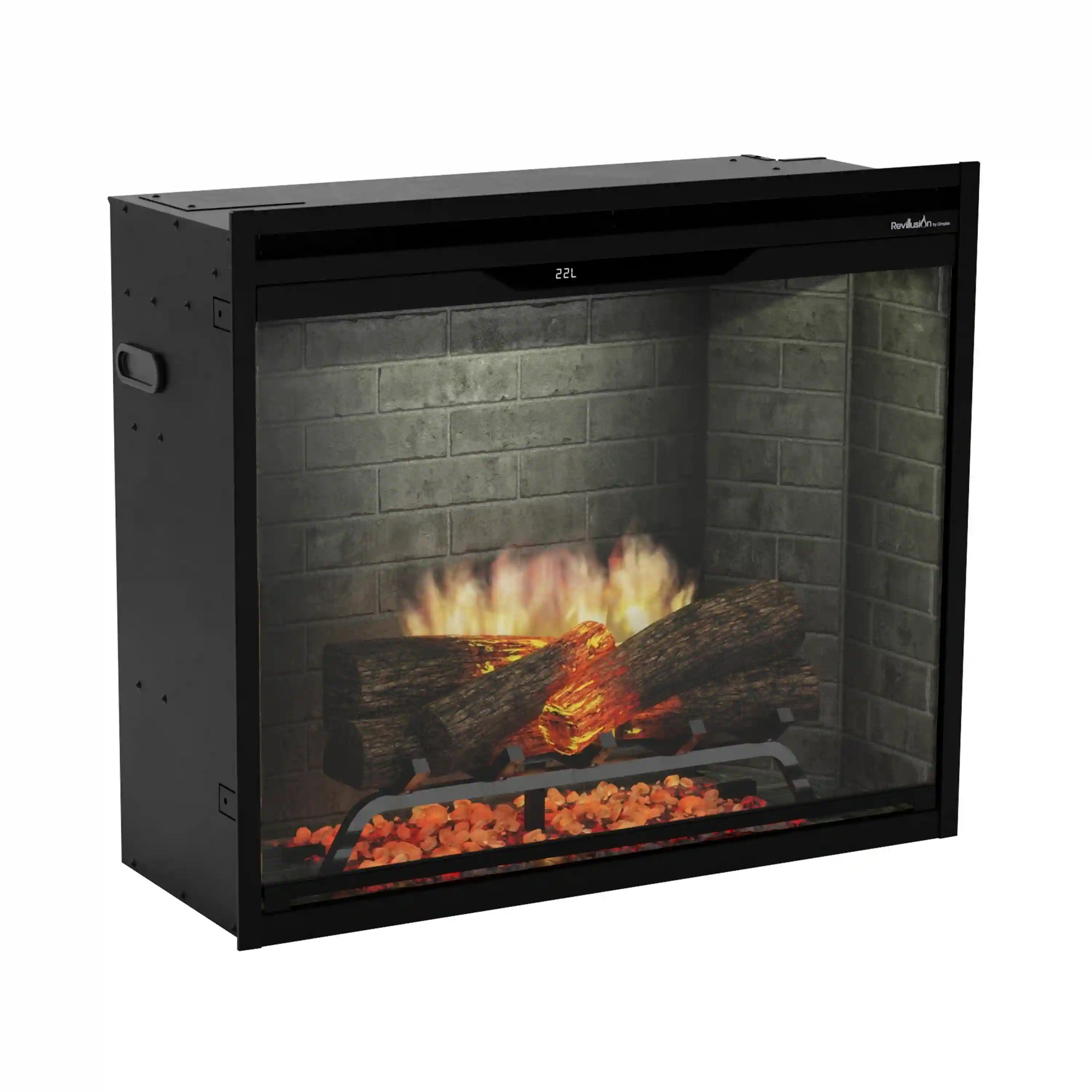 Built-in electric firebox unit with neutral brick interior and flame effect
