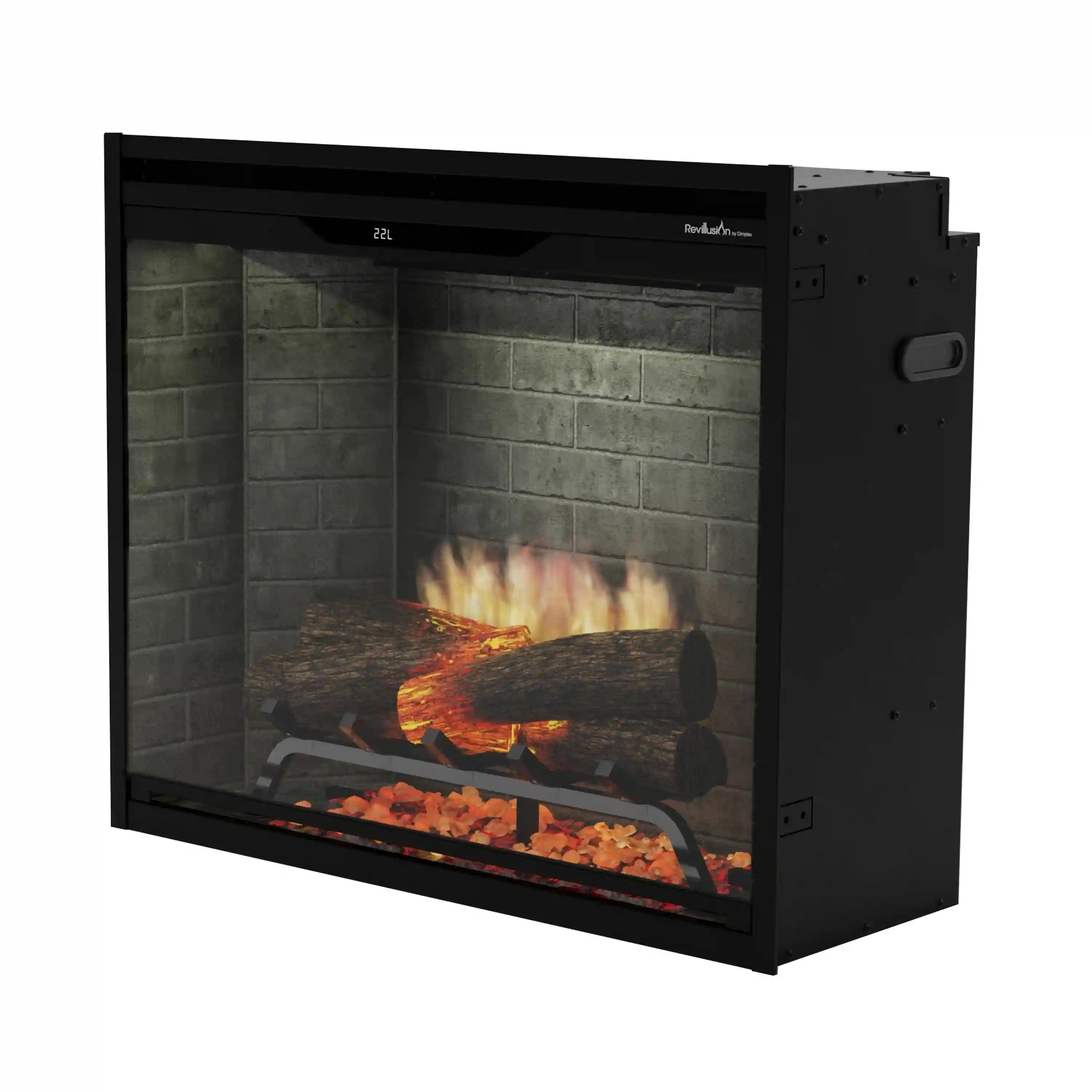 Built-in electric firebox with neutral brick back panel and black outer frame