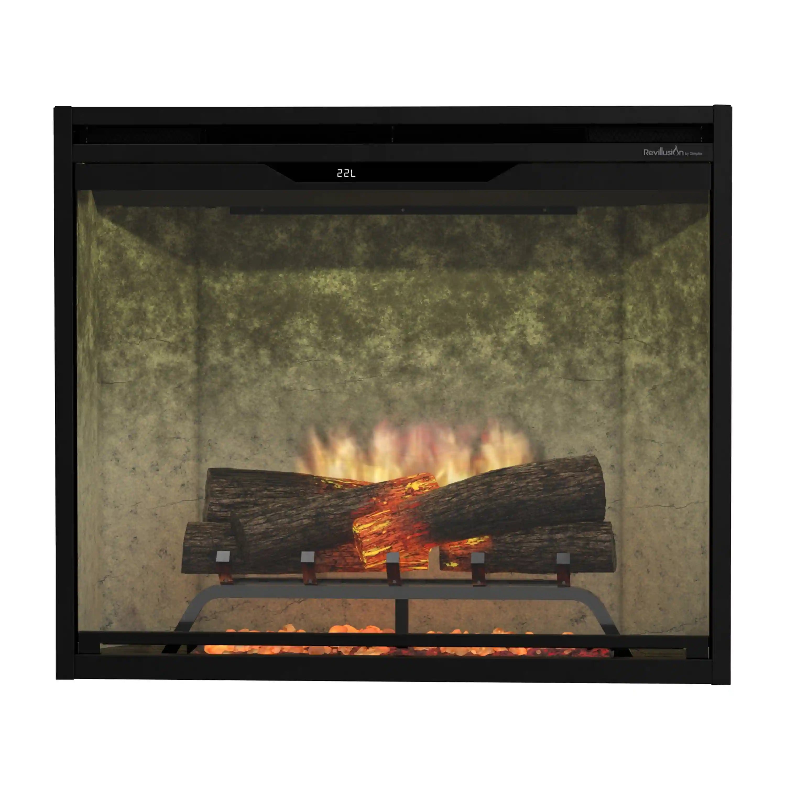 Built-in firebox with black frame and glass front showing faux logs and flames