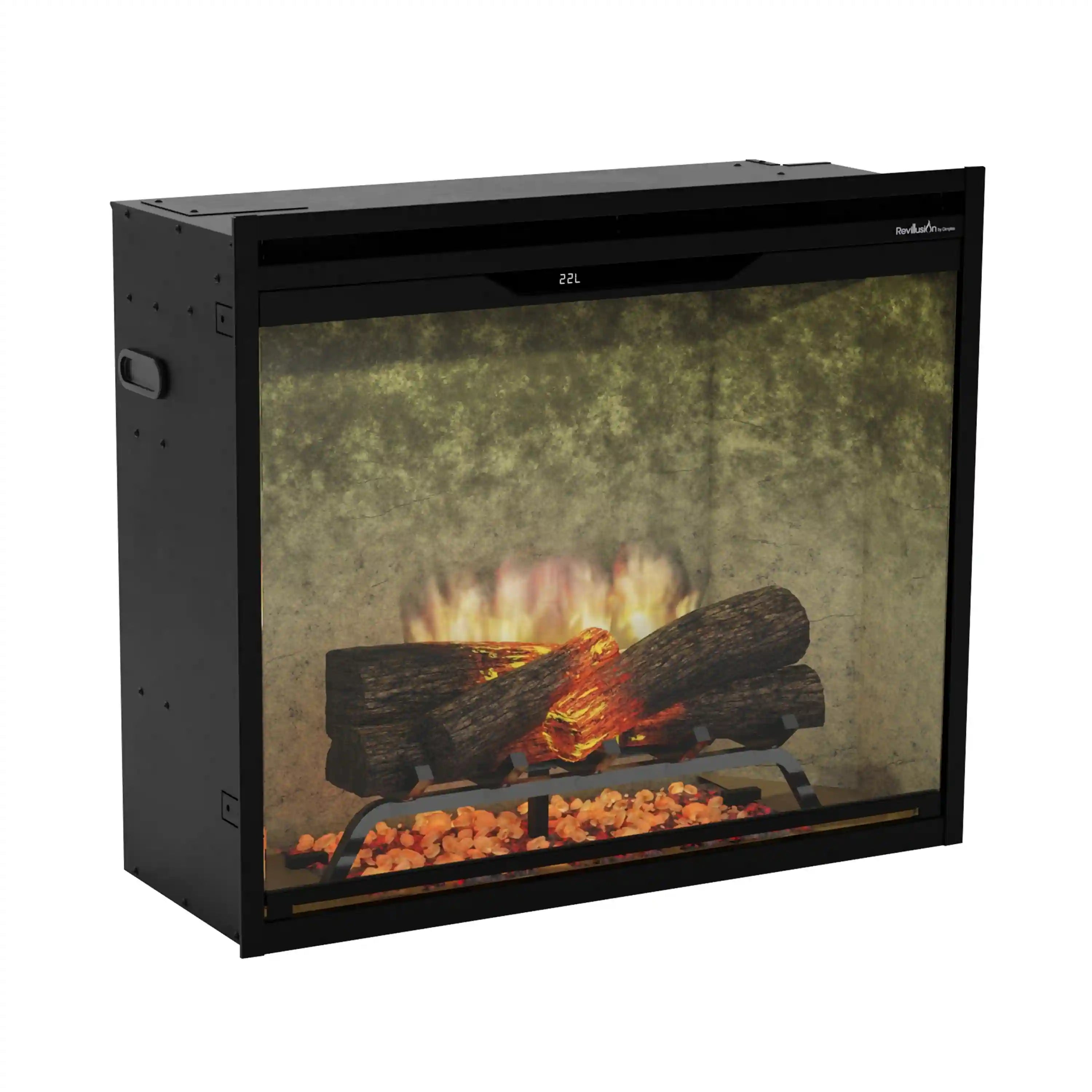 Weathered concrete electric firebox unit with glass front and log flame view