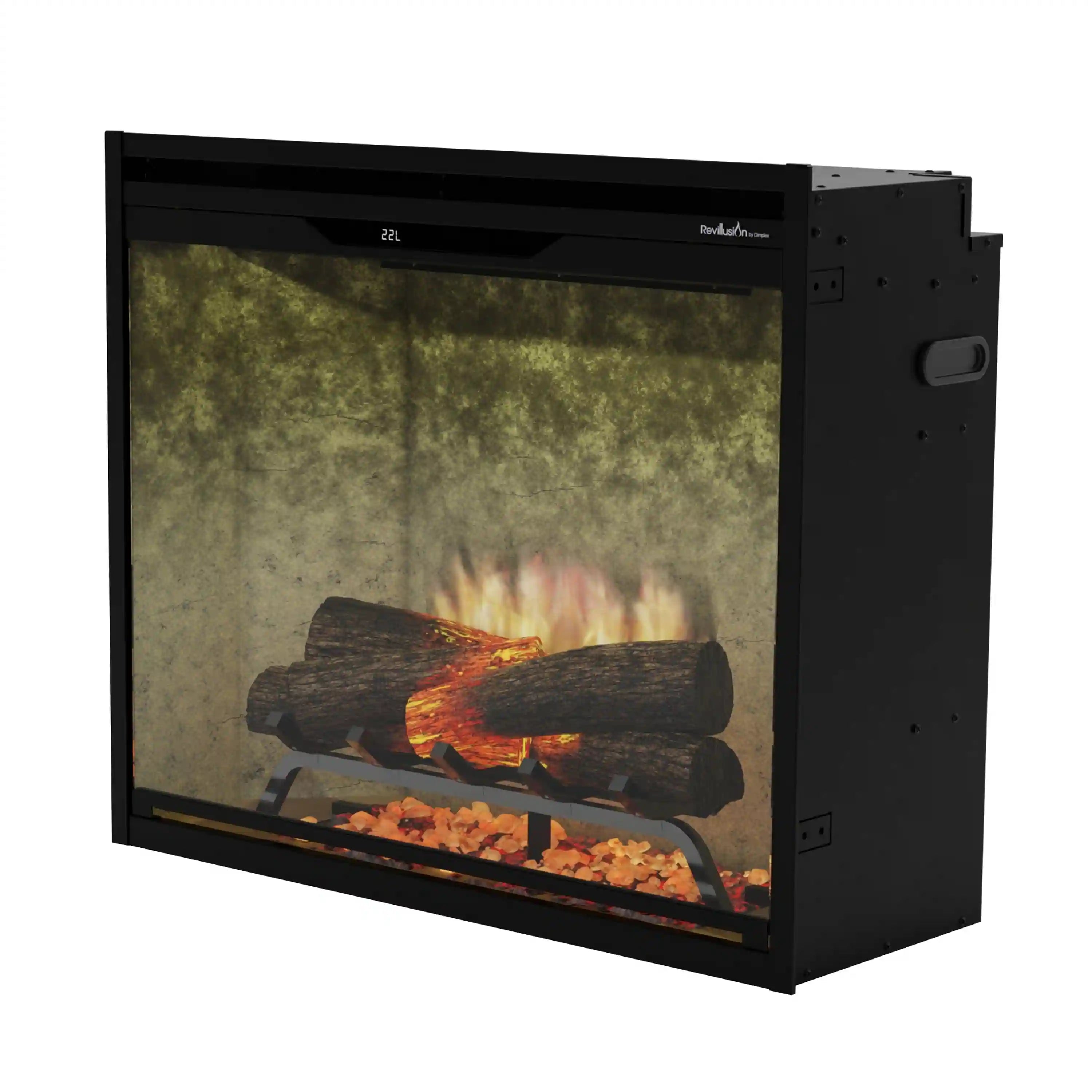 Built-in firebox three-quarter view with black frame and glowing faux log fire