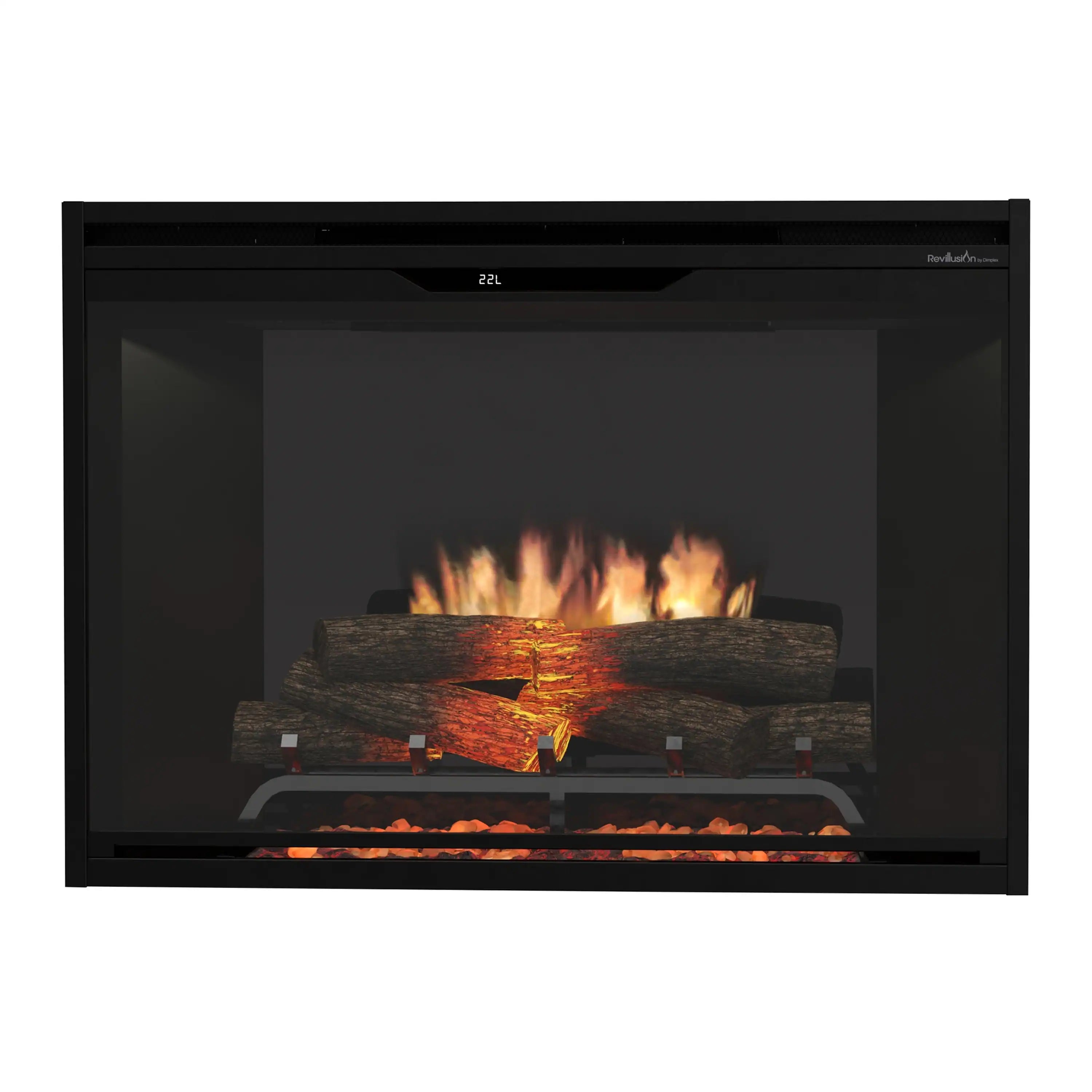 Black built-in electric firebox insert with glowing flames, logs, and ember bed