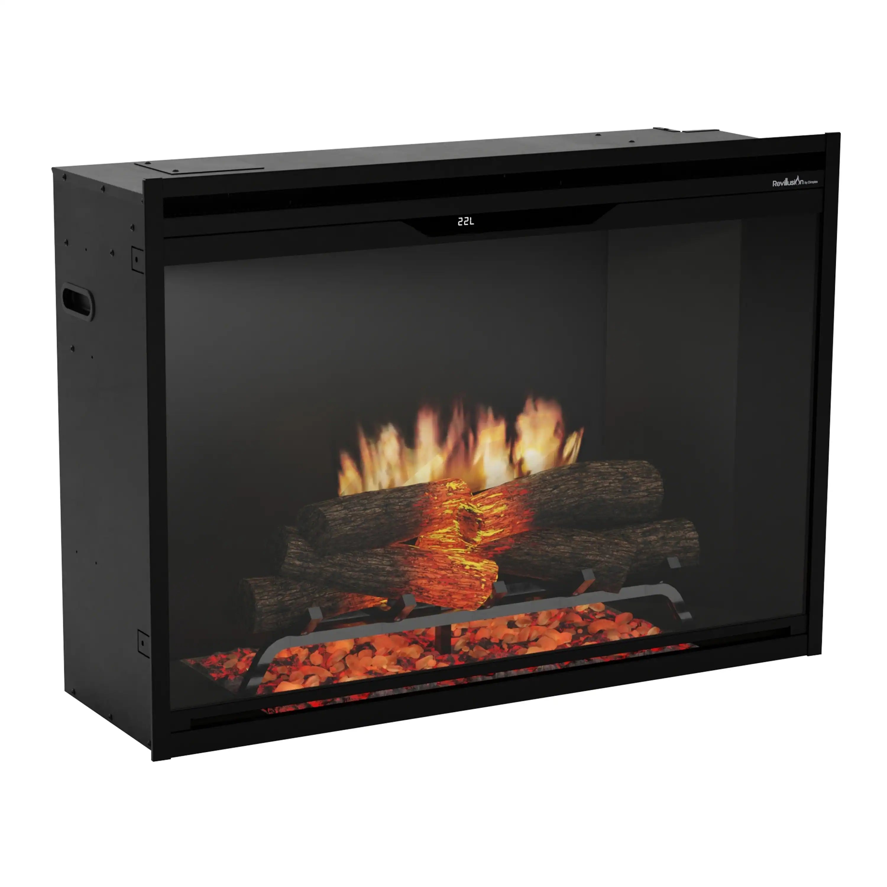 Black electric firebox insert angled view with flame effect and log display