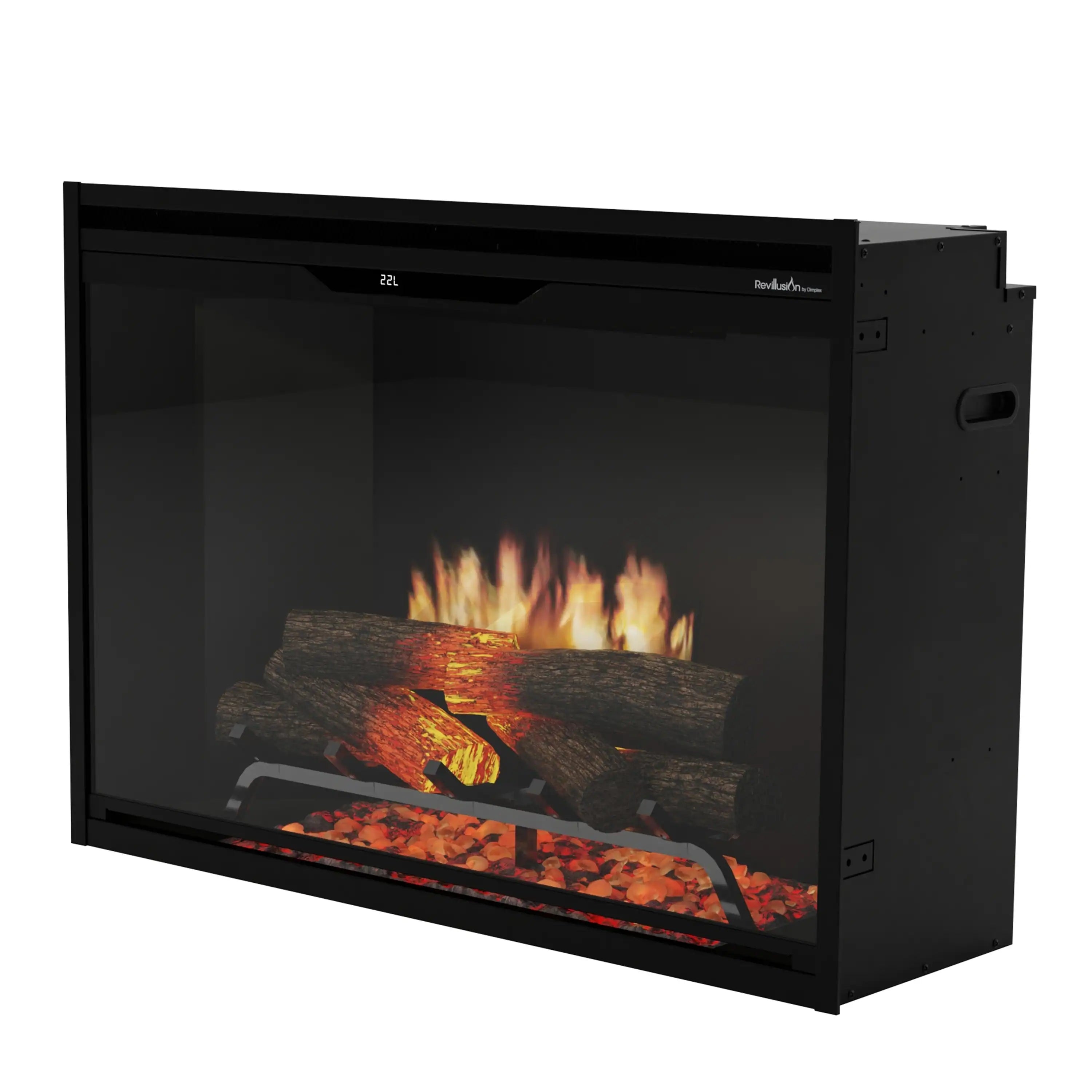 Black electric firebox insert side view with flames and glowing ember bed
