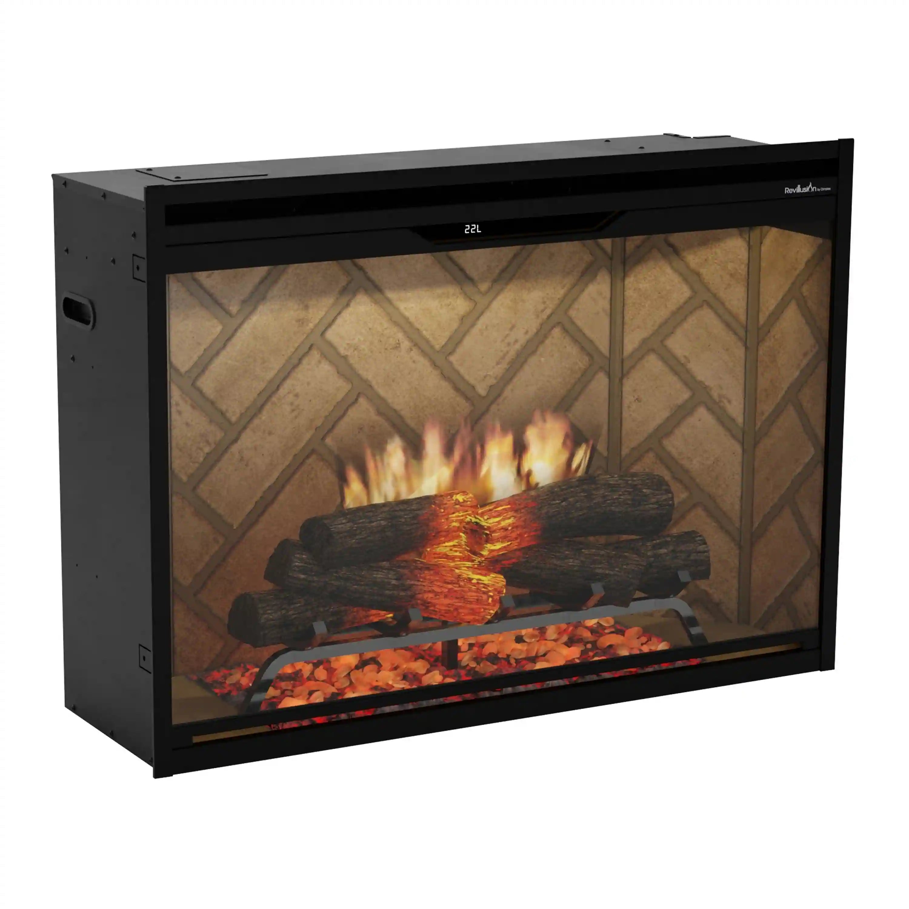 Electric firebox insert at angle with herringbone back panel and illuminated log flame effect.