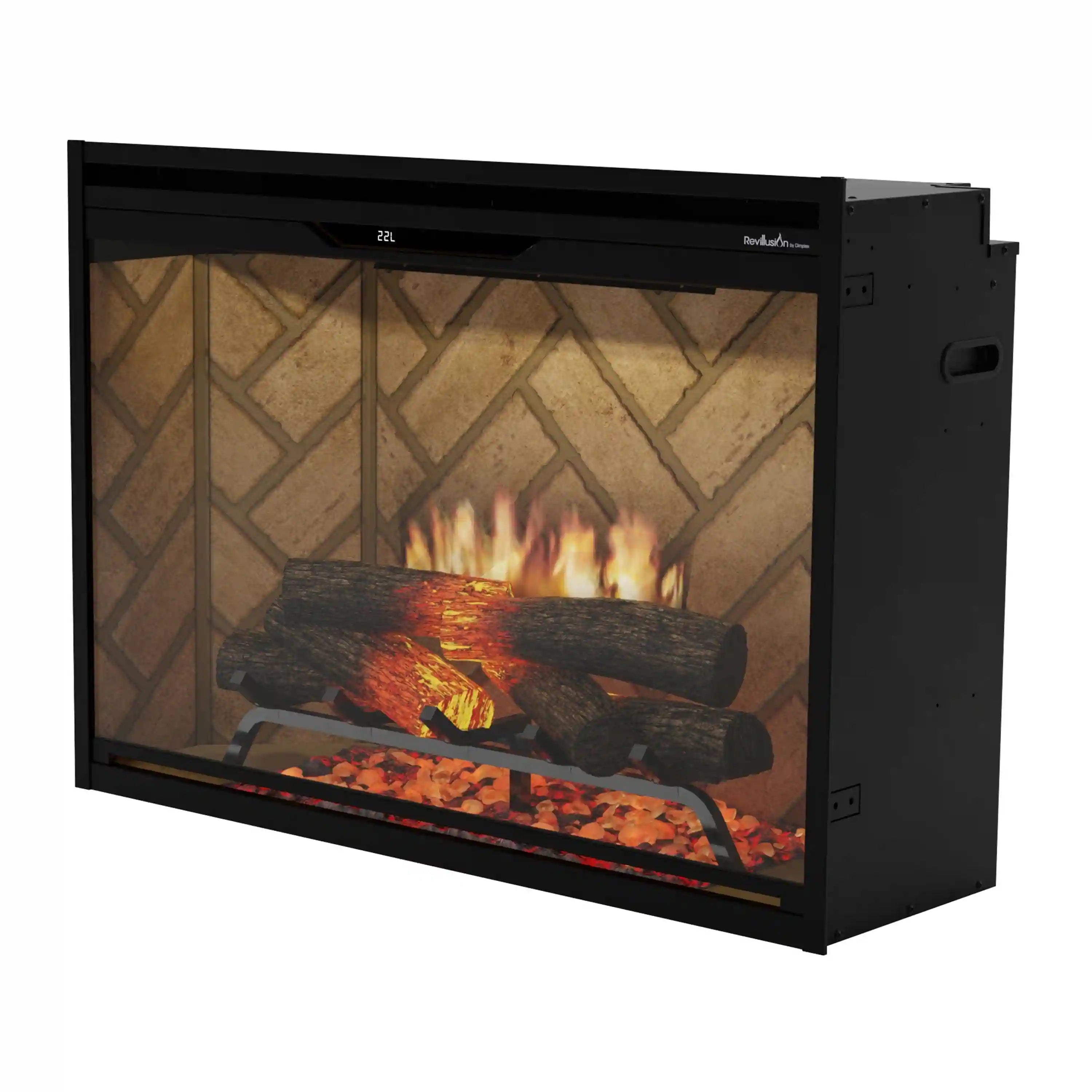 Front view of electric firebox with tan herringbone back, black logs, and orange flame glow.