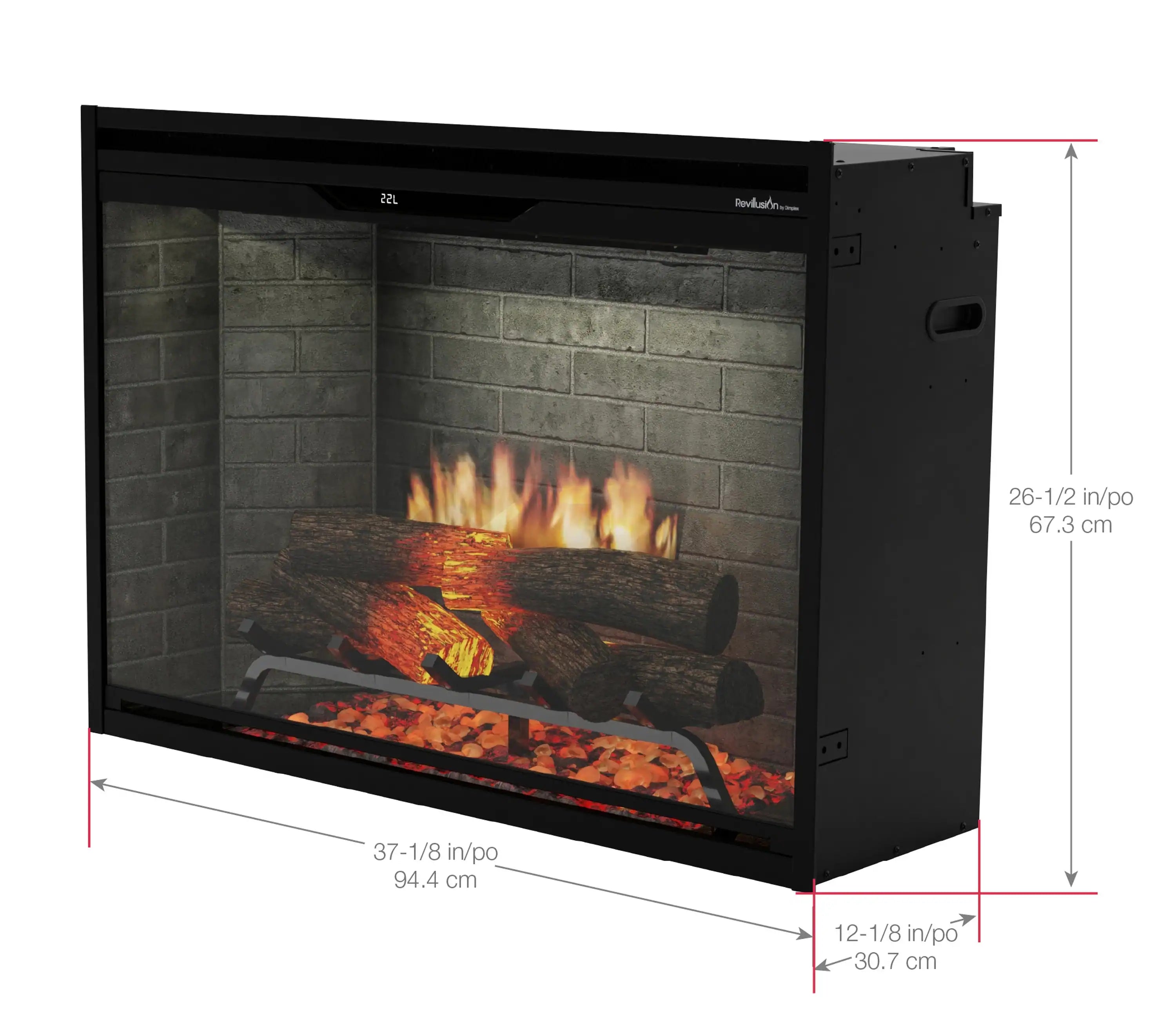 Black built-in electric firebox insert with flames, logs, and measurement graphic