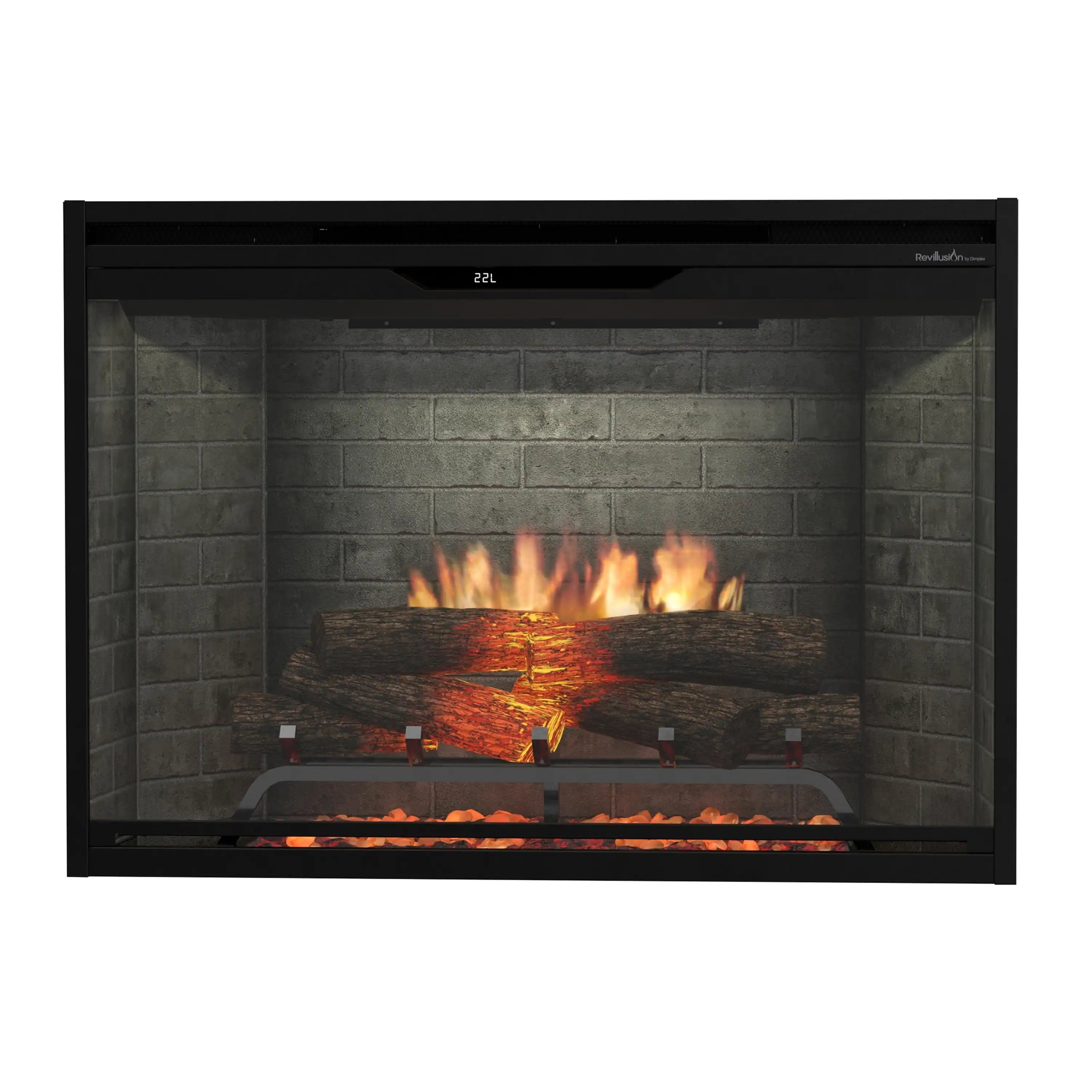 Built-in electric firebox with neutral brick backplate, glowing flames over log and ember bed
