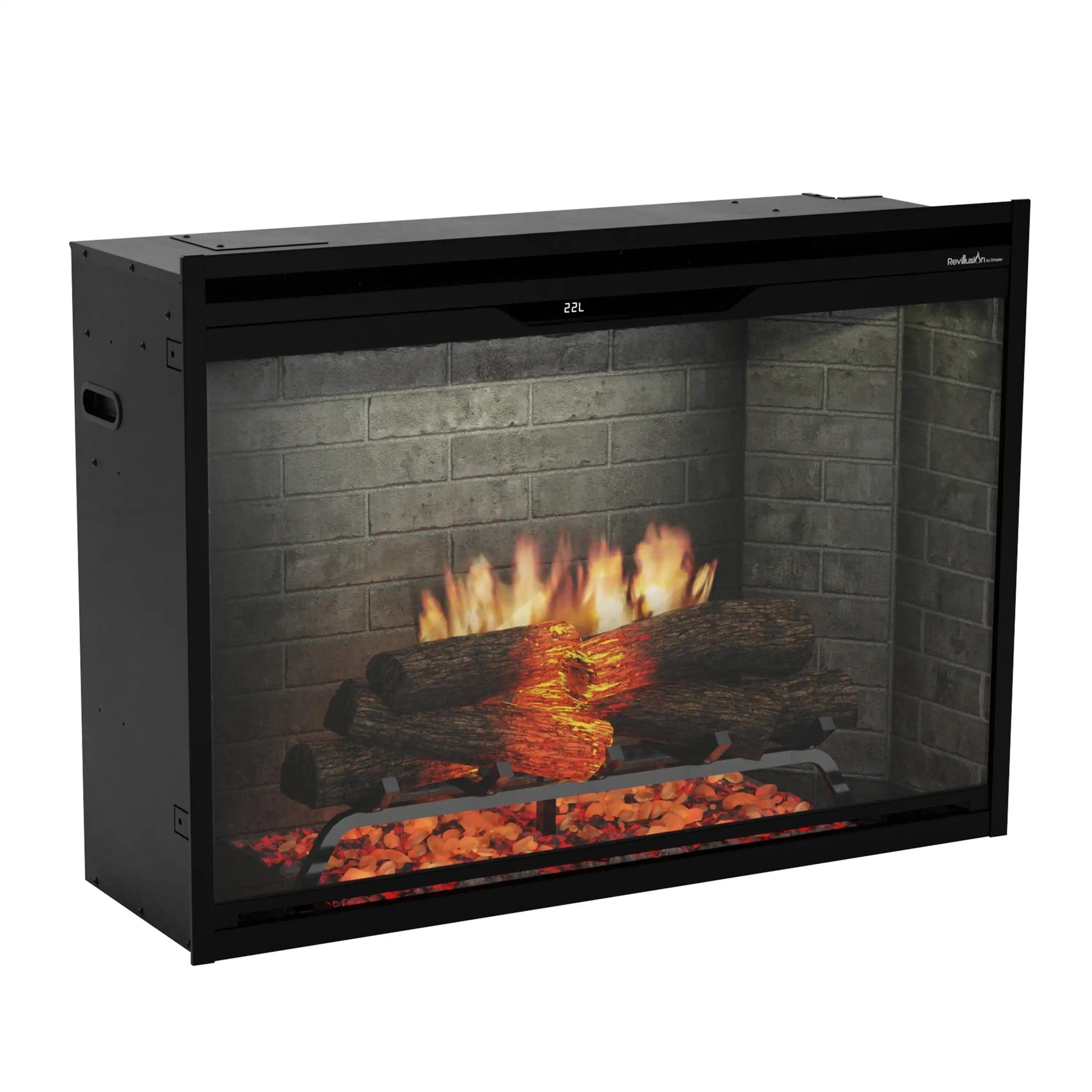 Built-in electric firebox with dark frame, neutral brick interior, visible flames and log set
