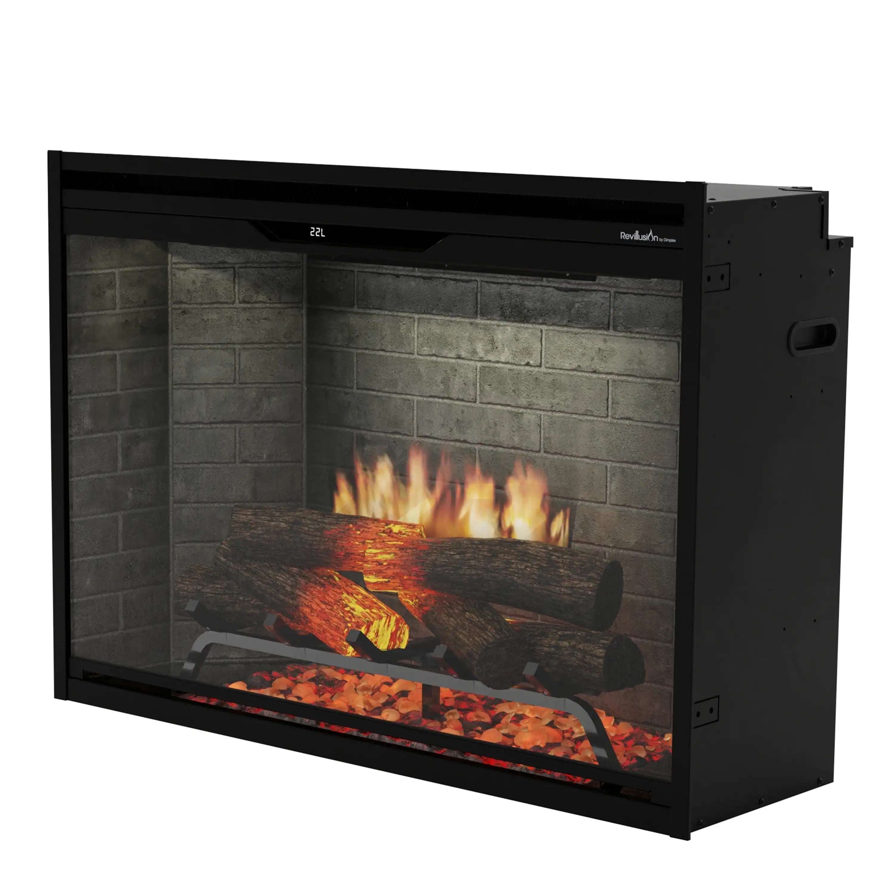 Built-in electric firebox with dark outer casing and neutral brick interior, flames and embers