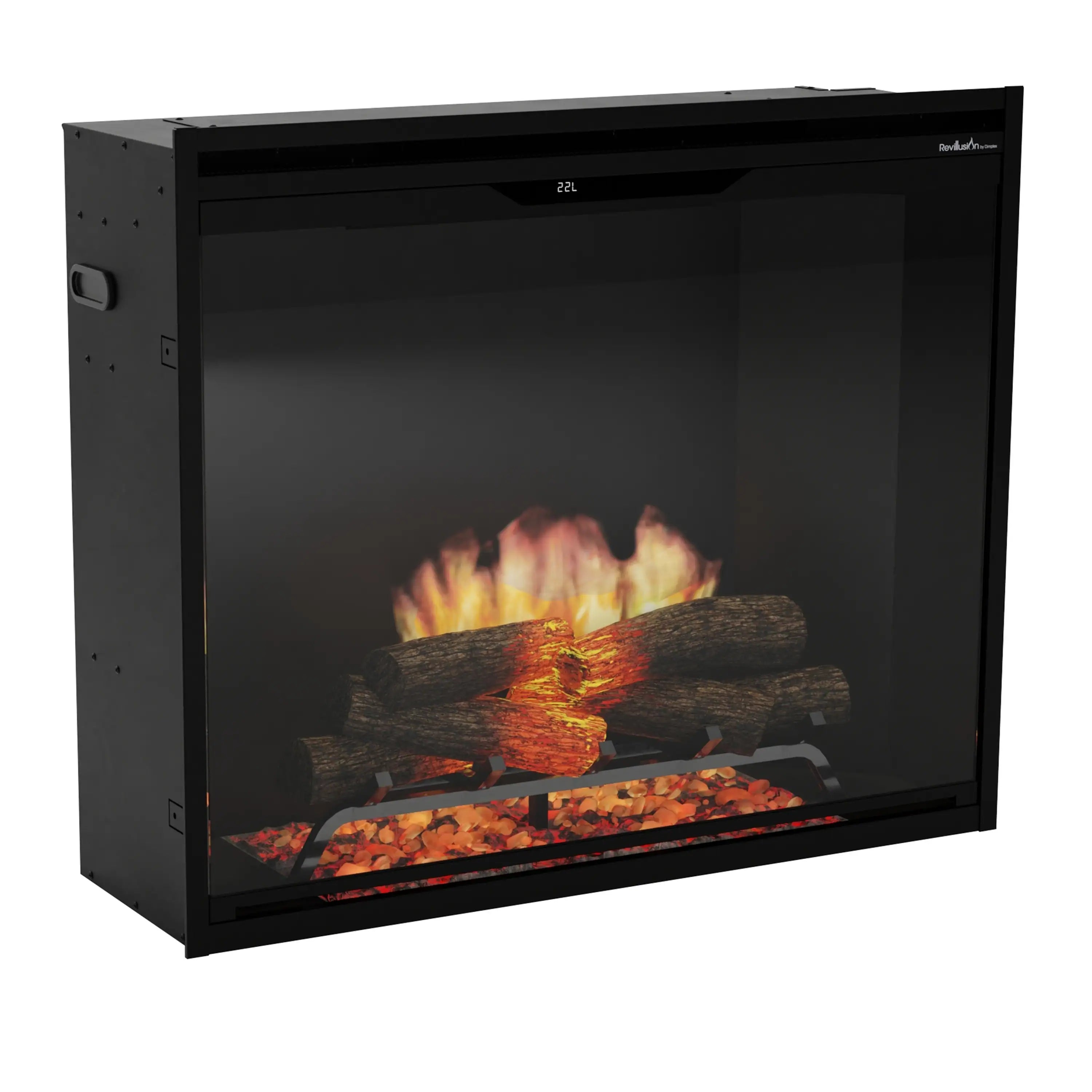 Black built-in electric firebox showing LED flame effect and ember bed