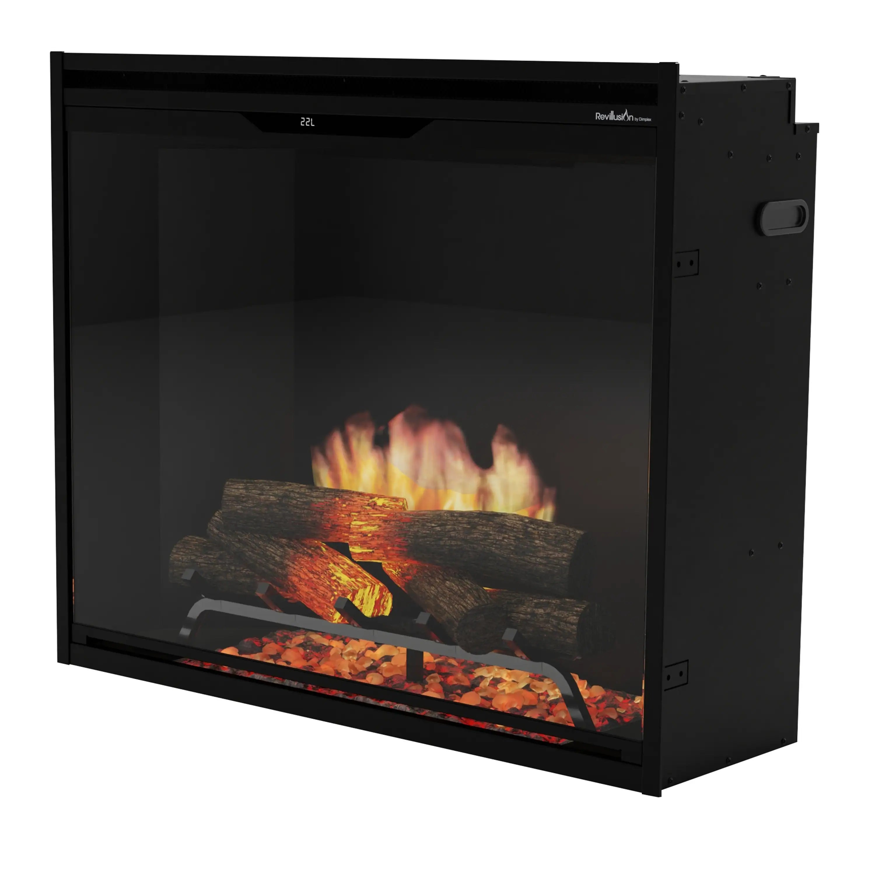 Black built-in electric firebox with glowing LED flame and logs