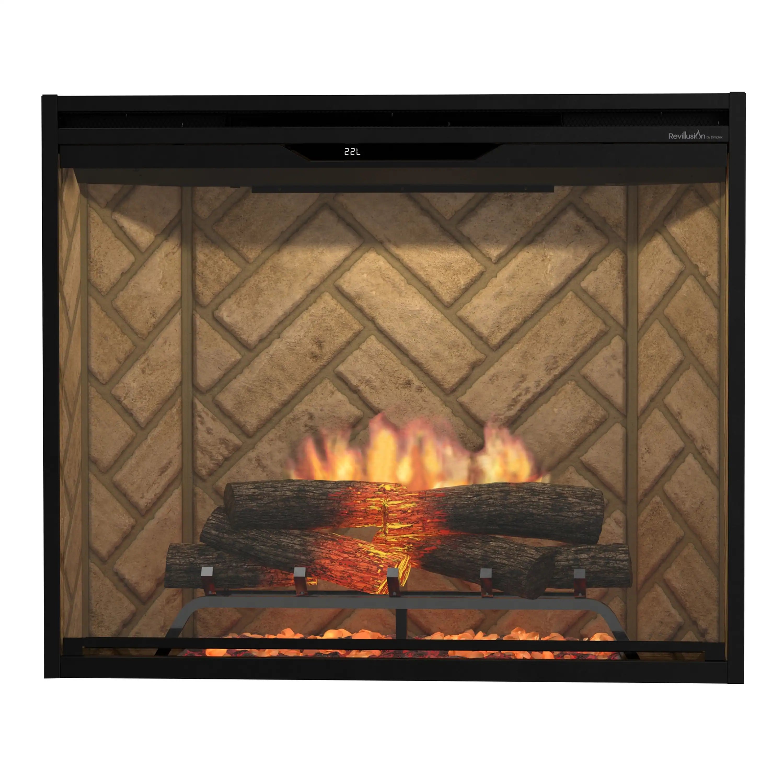 Black built-in electric firebox with herringbone panel and centered glowing flame logs