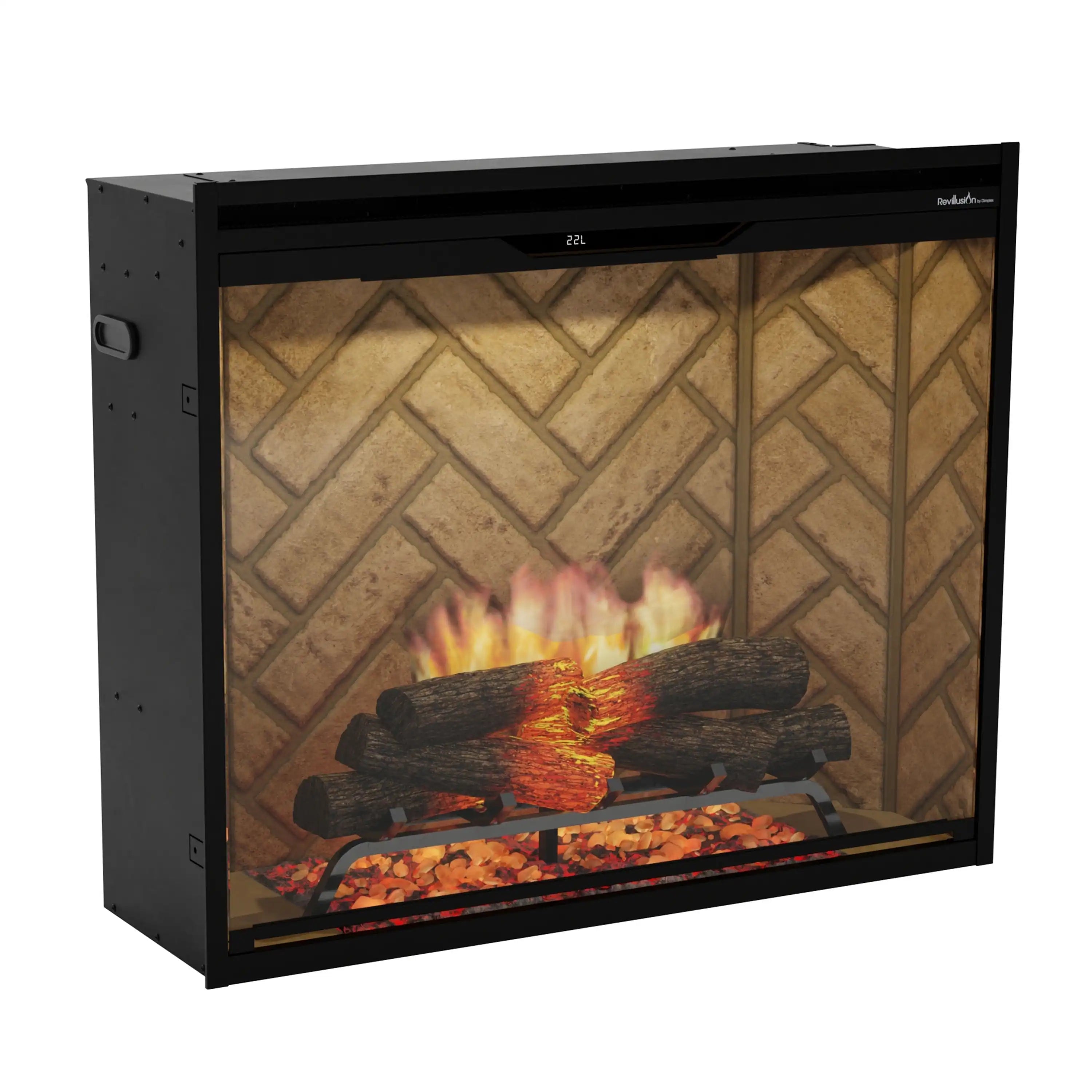 Black electric firebox with herringbone interior and visible flame and log display