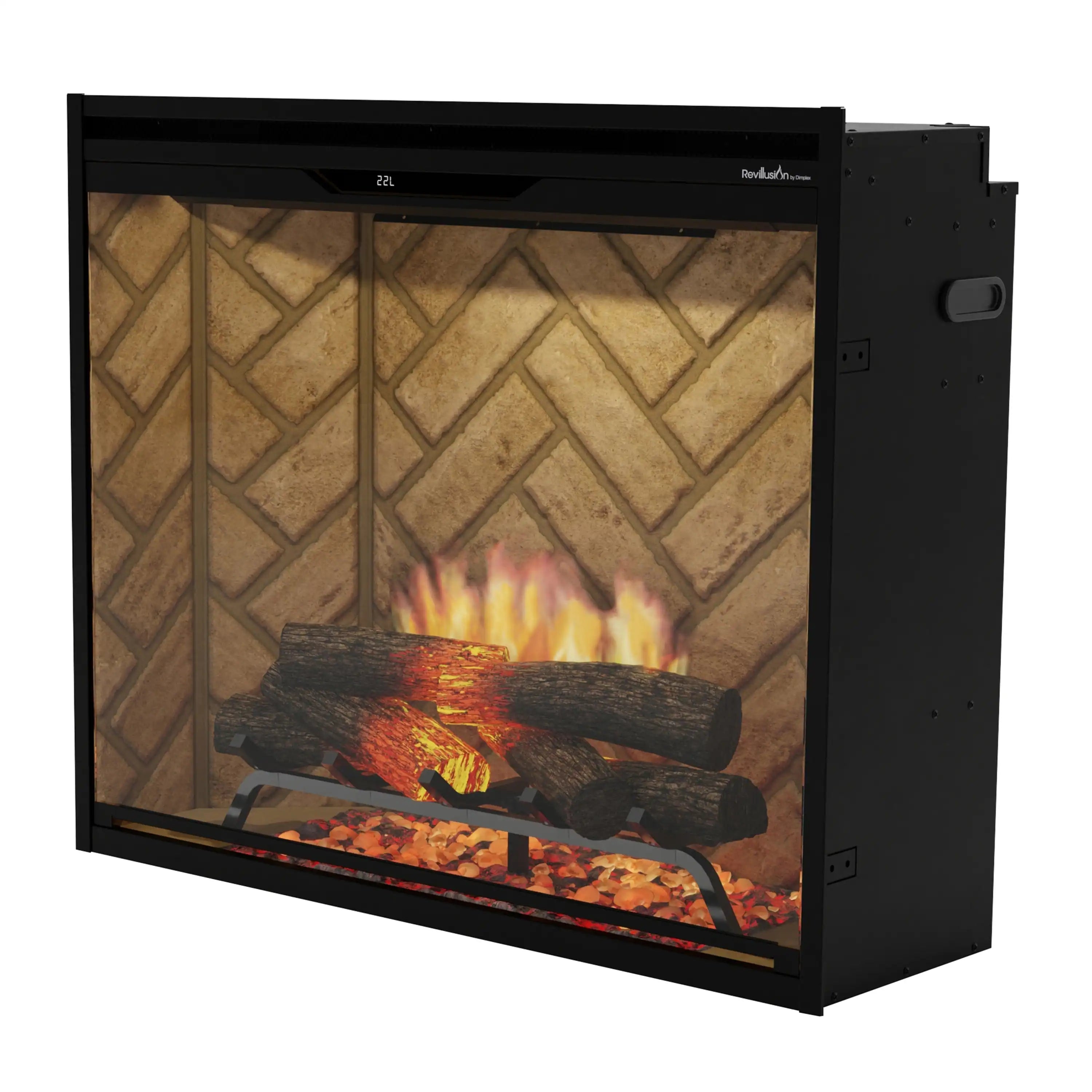 Black 36-inch electric firebox with herringbone back and glowing log flame effect