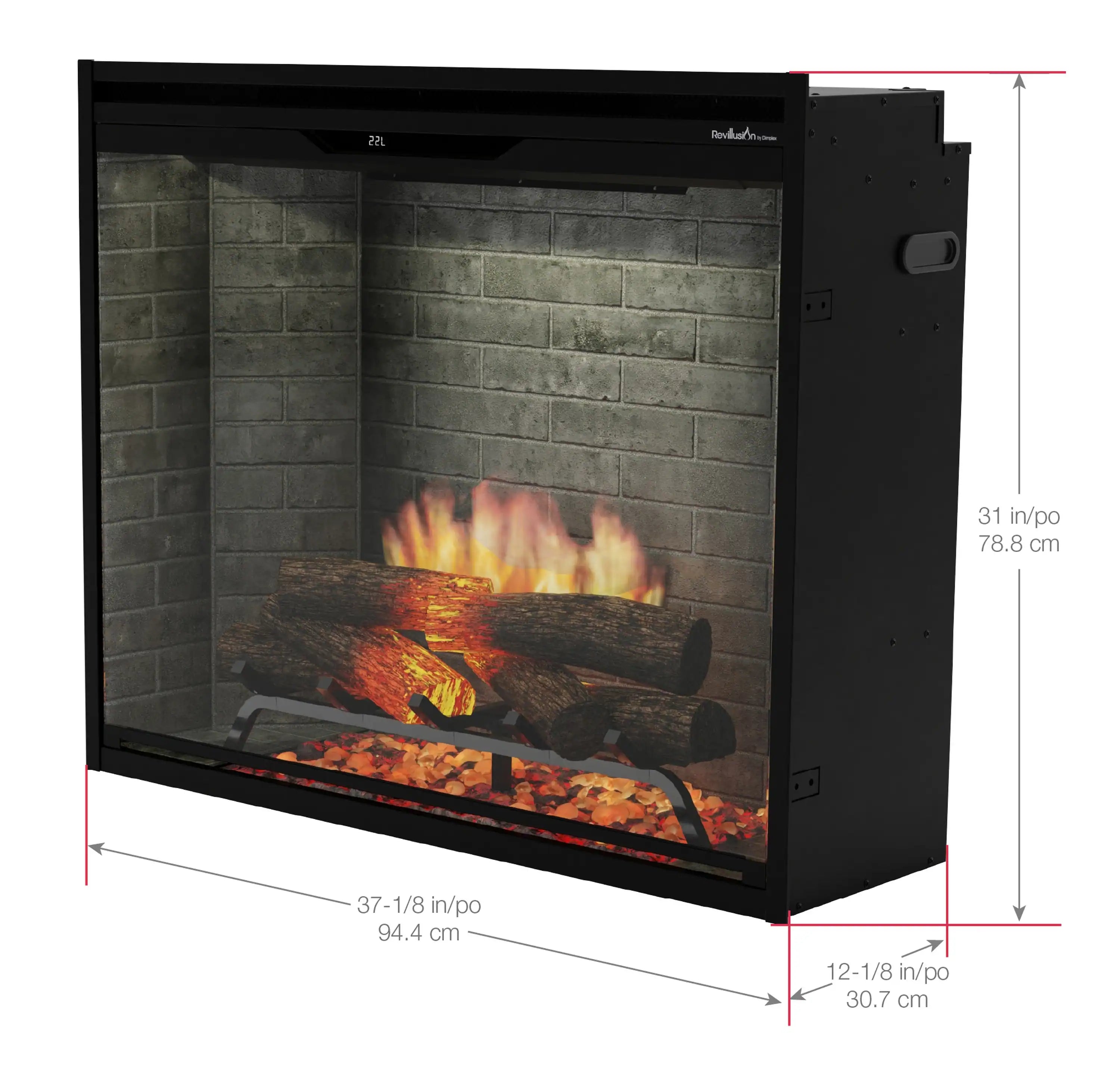 Built-in electric firebox front view with black frame and glass window showing flames and logs