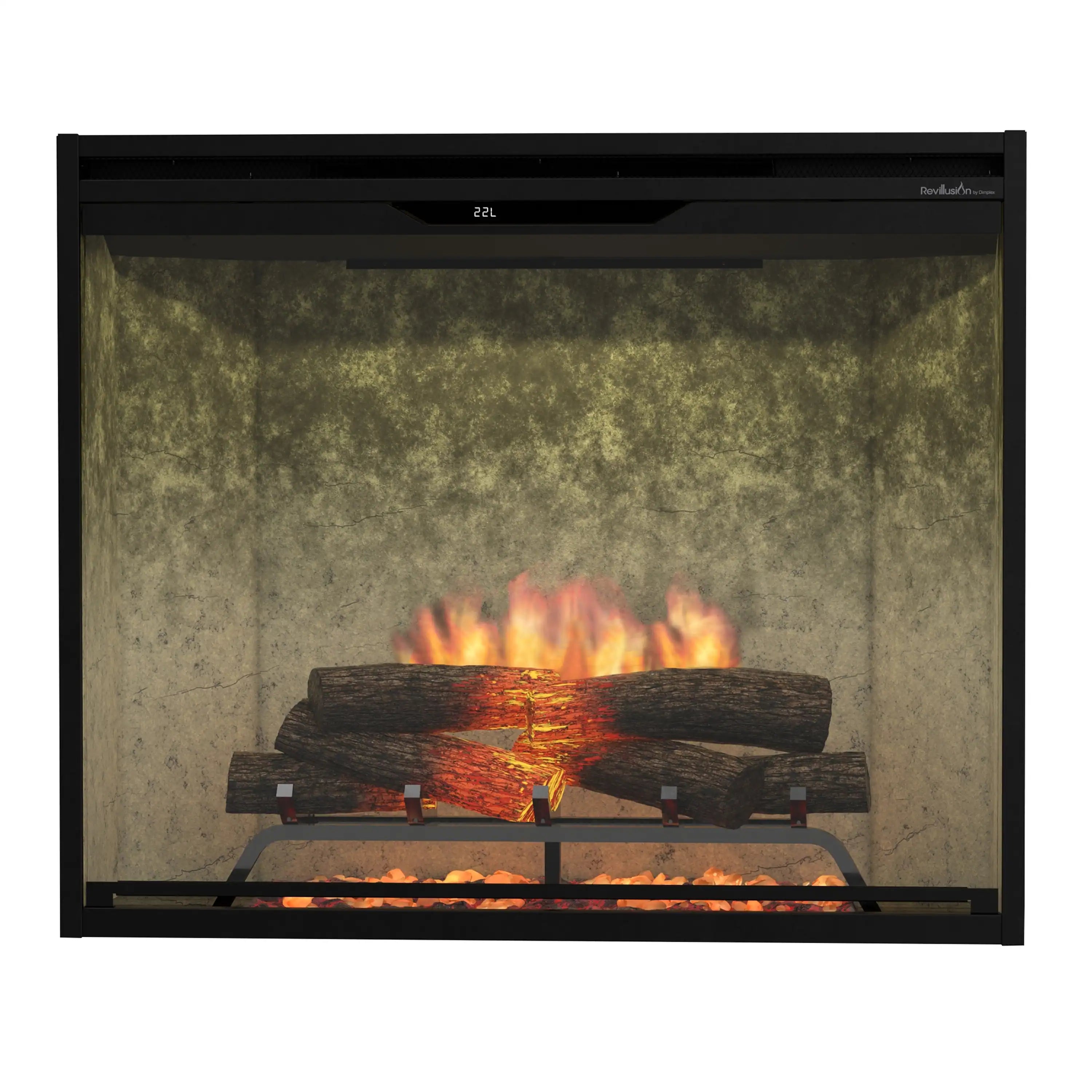Electric firebox with black frame and glass front showing bright flames and stacked logs