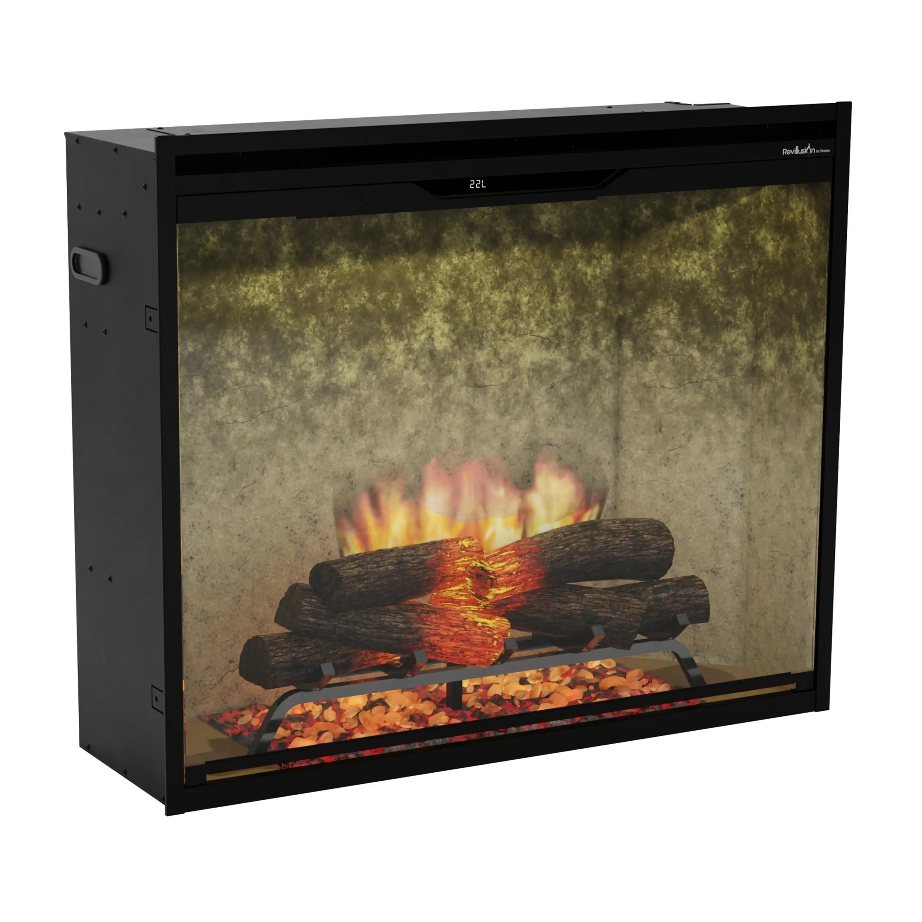 Black-framed electric firebox with glass window displaying flames over dark logs and embers