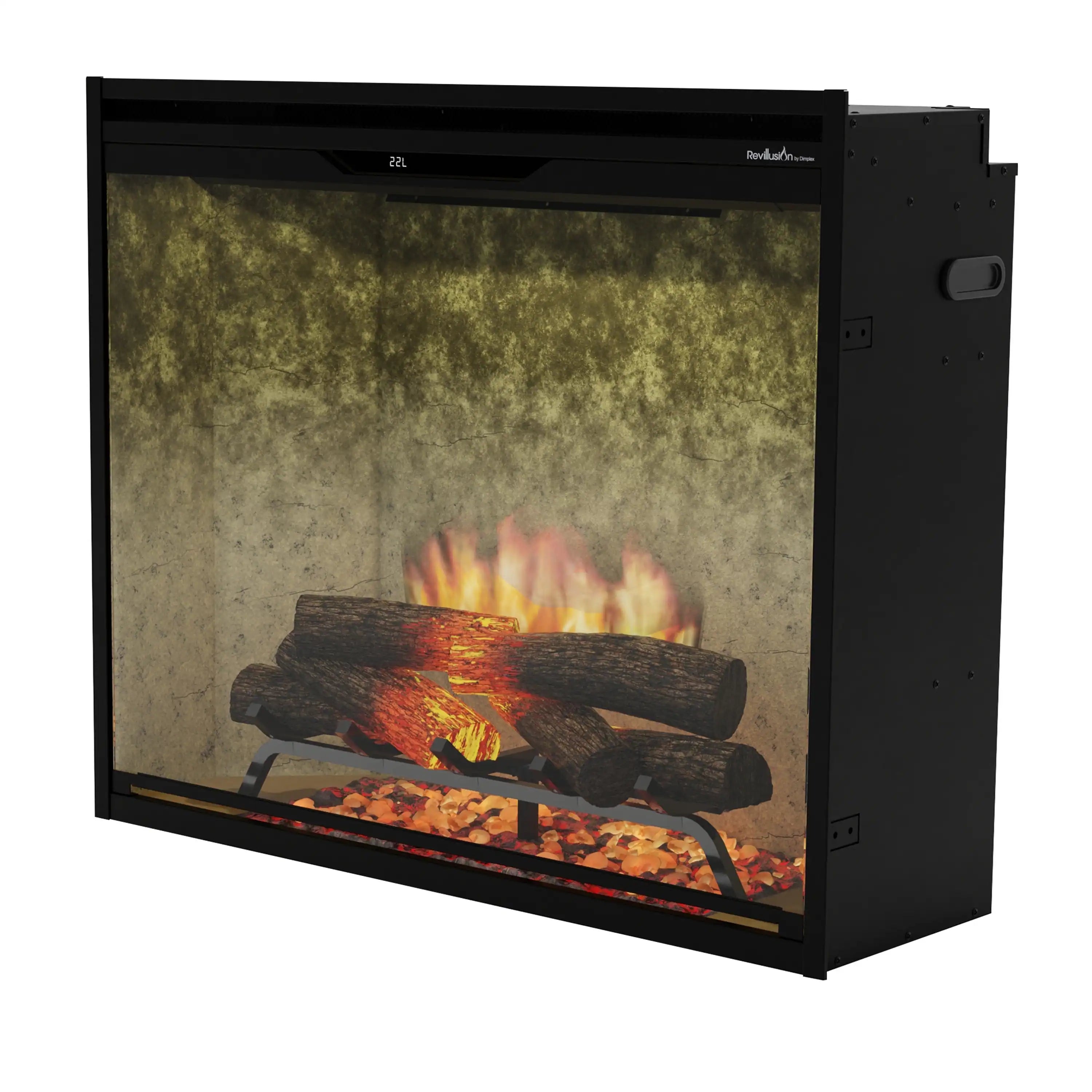 Black-framed built-in electric firebox with glass front showing burning logs and ember bed