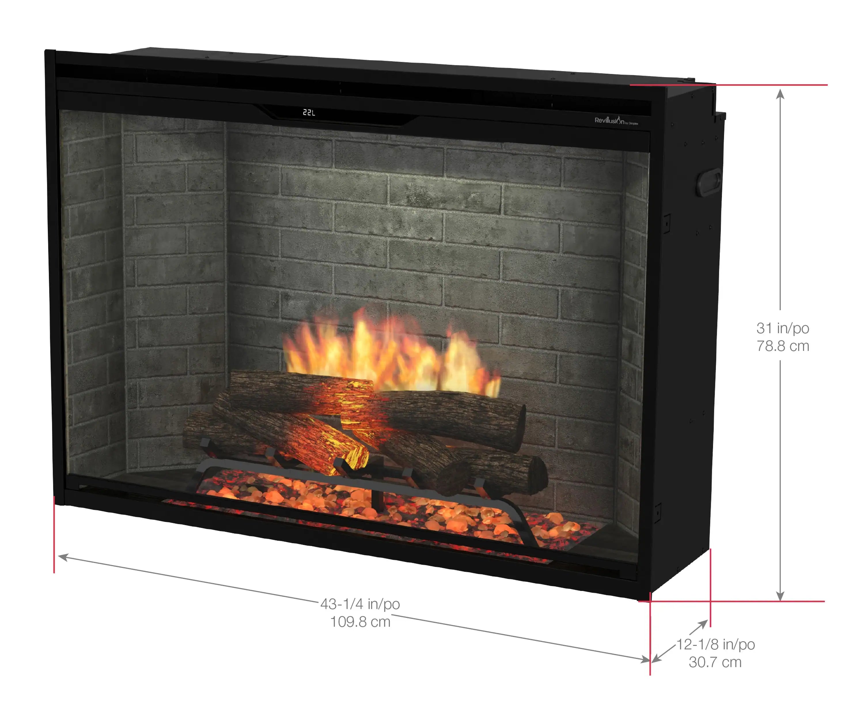Built-in electric firebox front view with neutral brick interior and flame effect